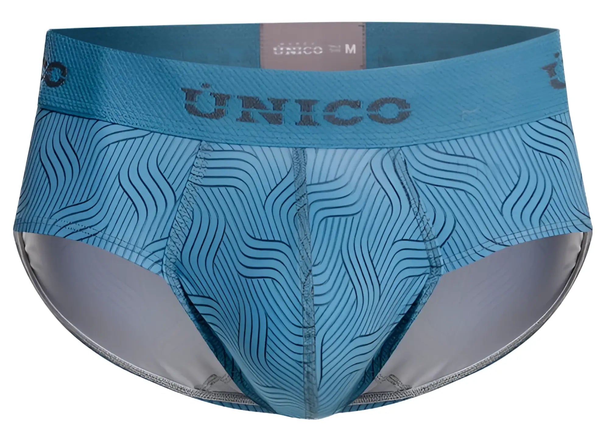 Blue unico men’s lenoso briefs with wavy line pattern and gray interior lining in color 46 blue