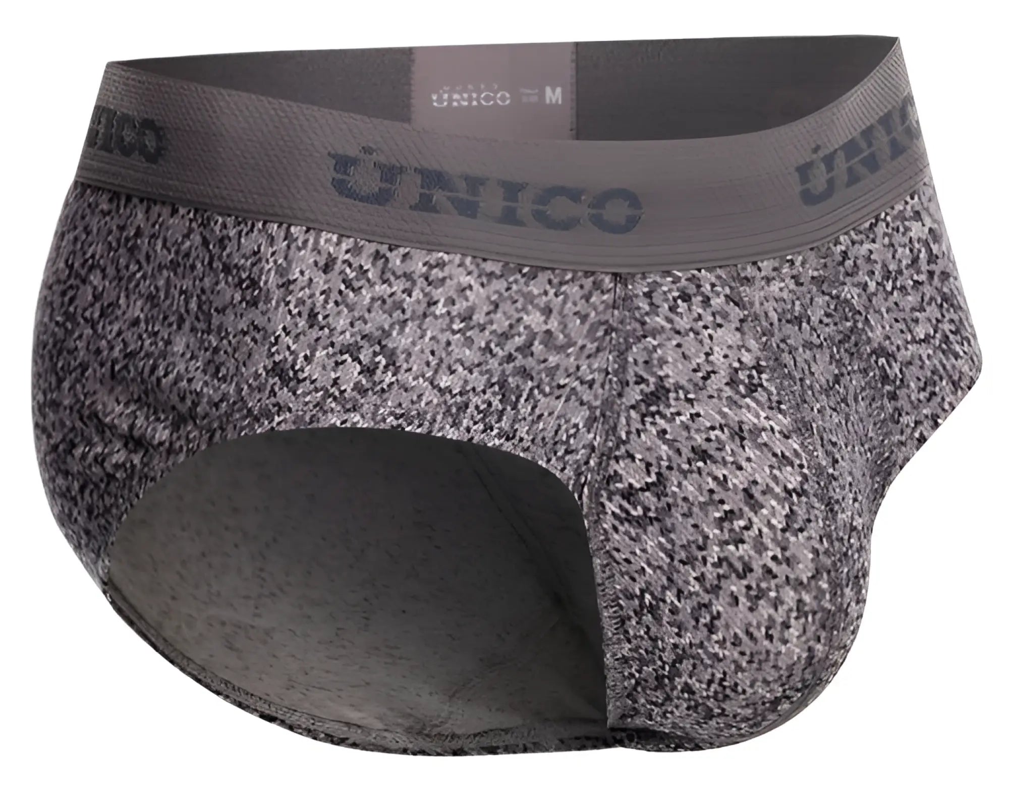 Gray and black speckled unico suede briefs with matching elastic waistband and brand name in color 59 gray