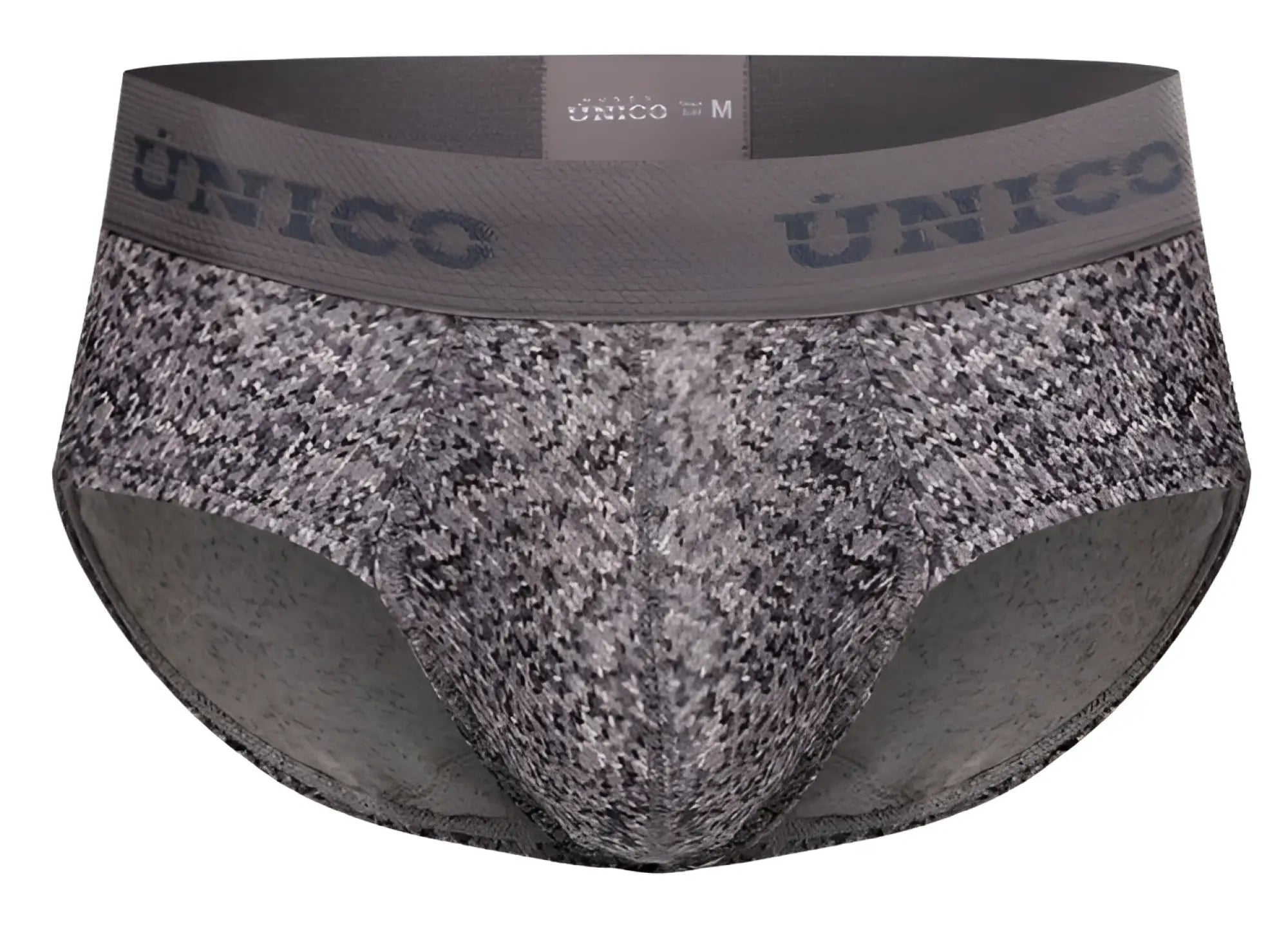 Gray and black speckled unico 26020101114 suede briefs with solid gray waistband featuring unico brand name