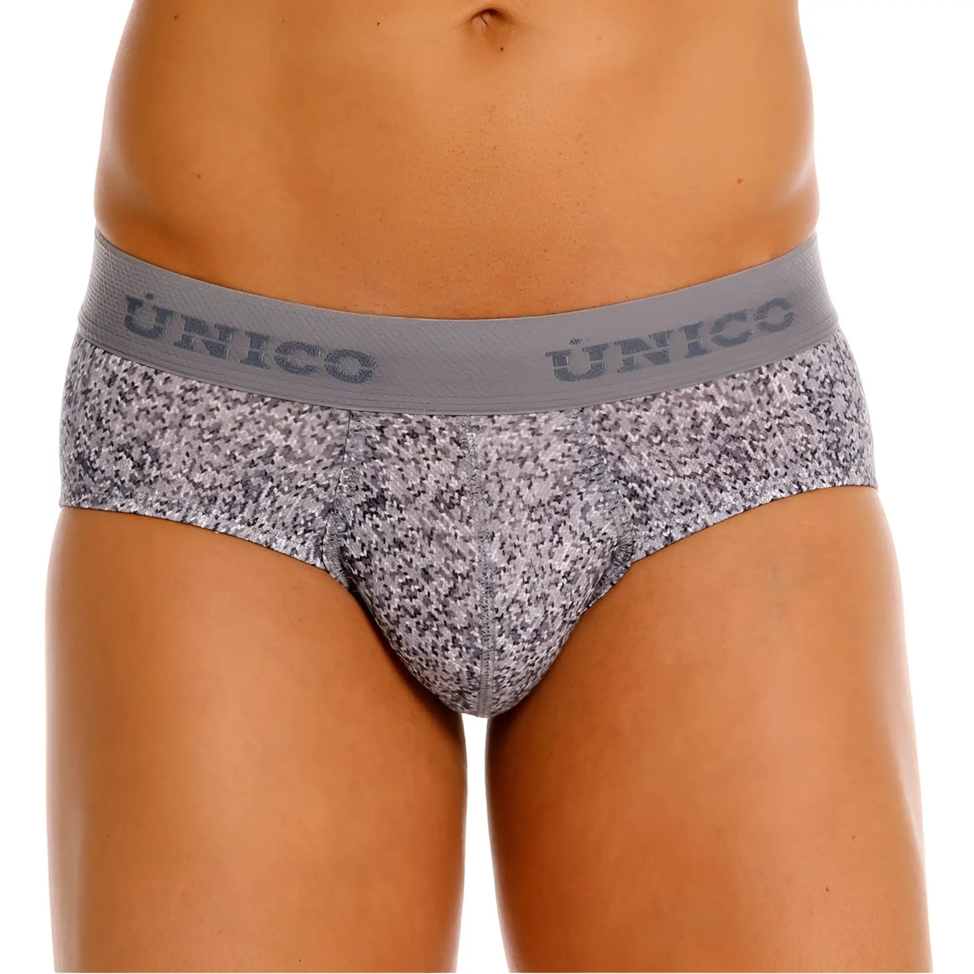 Gray suede briefs with pattern and solid gray waistband featuring unico brand name color 59-gray
