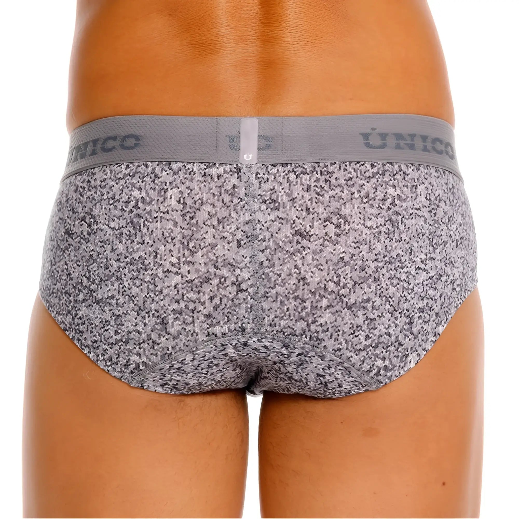 Gray and white speckled suede briefs with matching unico logo waistband in color 59 gray