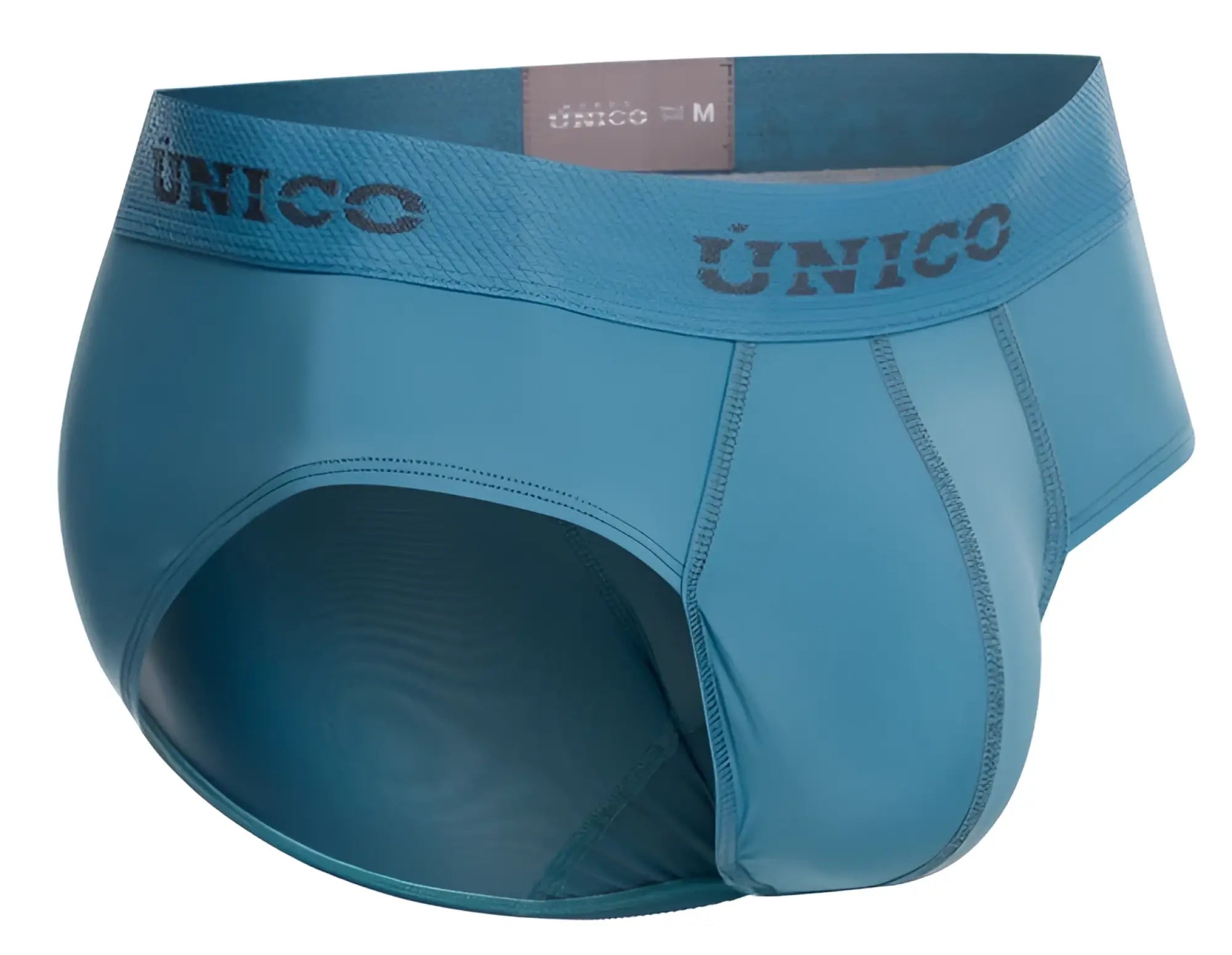 A teal único 26020101118 ventisca brief with matching elastic waistband and dark gray brand lettering