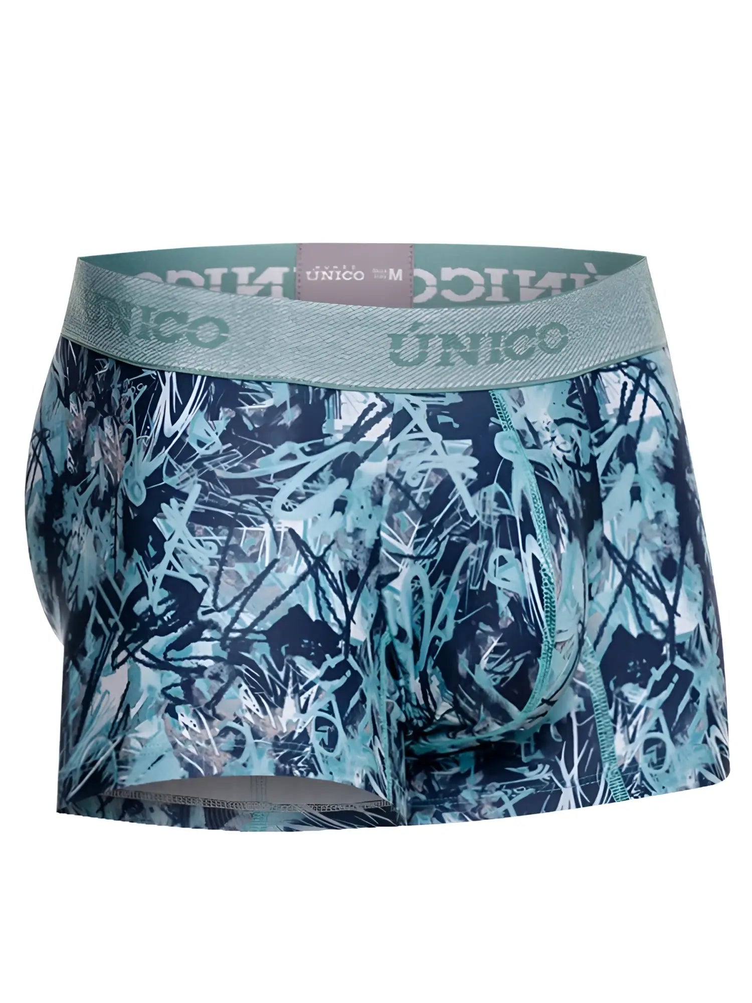 Unico men’s boxer briefs in navy and teal graffiti print with matching elastic waistband for comfortable daily wear
