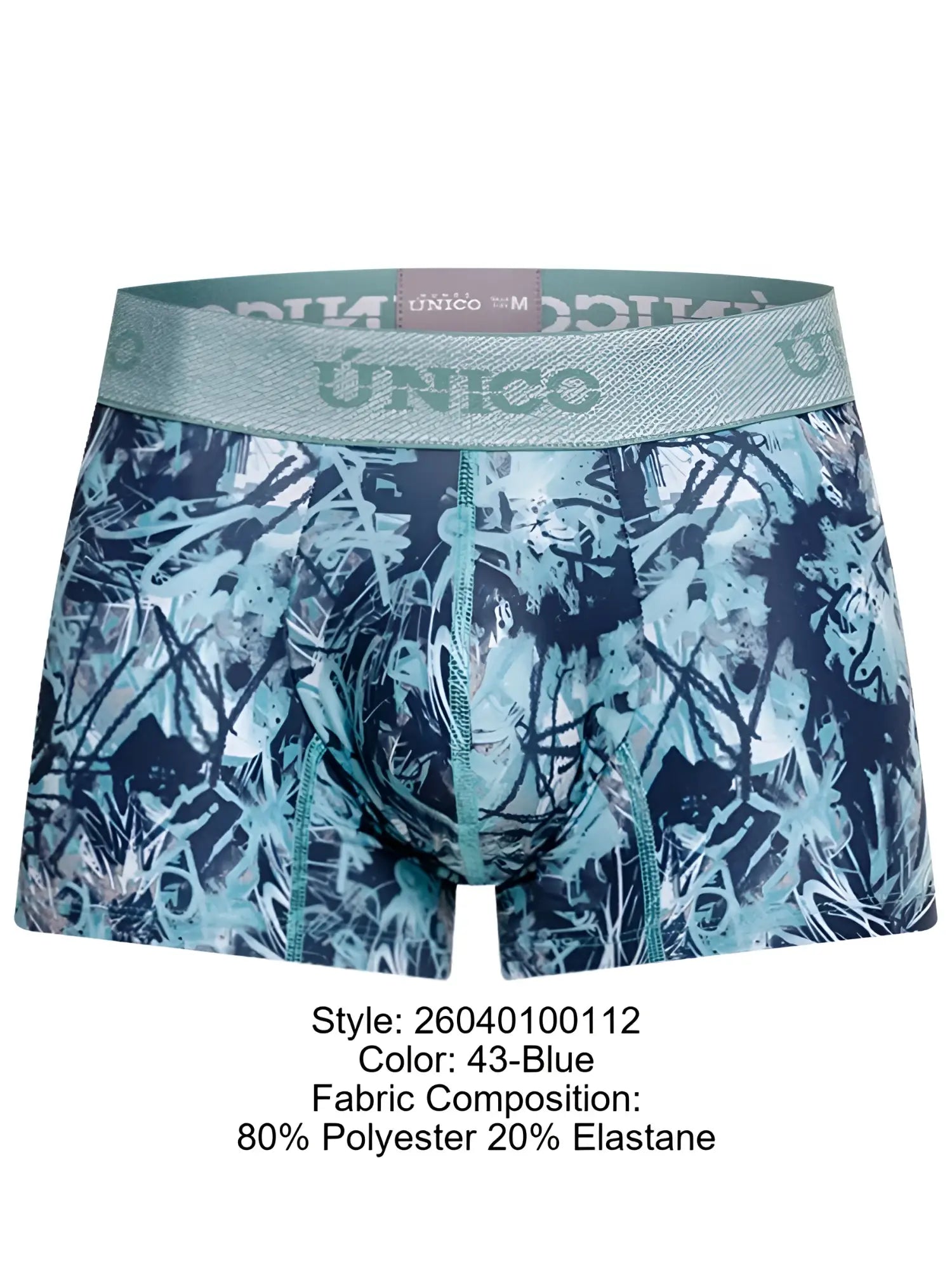 Blue and teal abstract graffiti patterned men’s boxer briefs by único with stretchy elastic waistband in color 43-blue