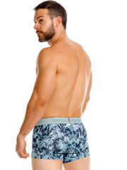 Men’s unico 26040100112 blue and white tropical leaf patterned boxer briefs with light gray unico waistband