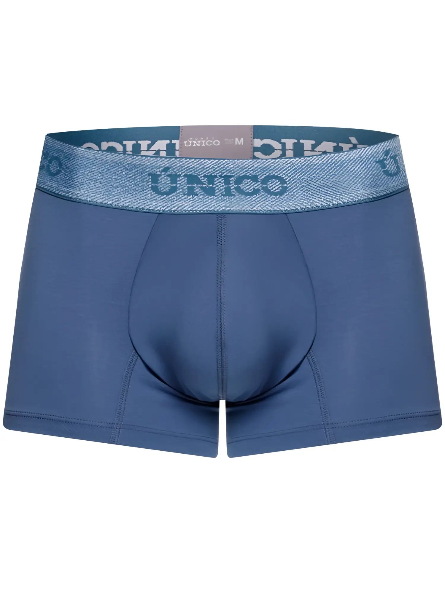 Blue unico men’s boxer briefs with textured waistband and matching blue branding in classic teal premium trunk style
