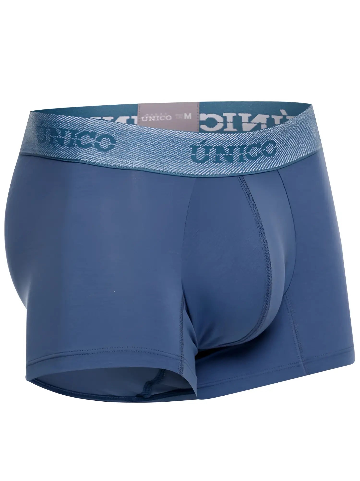 Blue unico men’s boxer briefs with a textured waistband featuring the brand name in teal for everyday wear