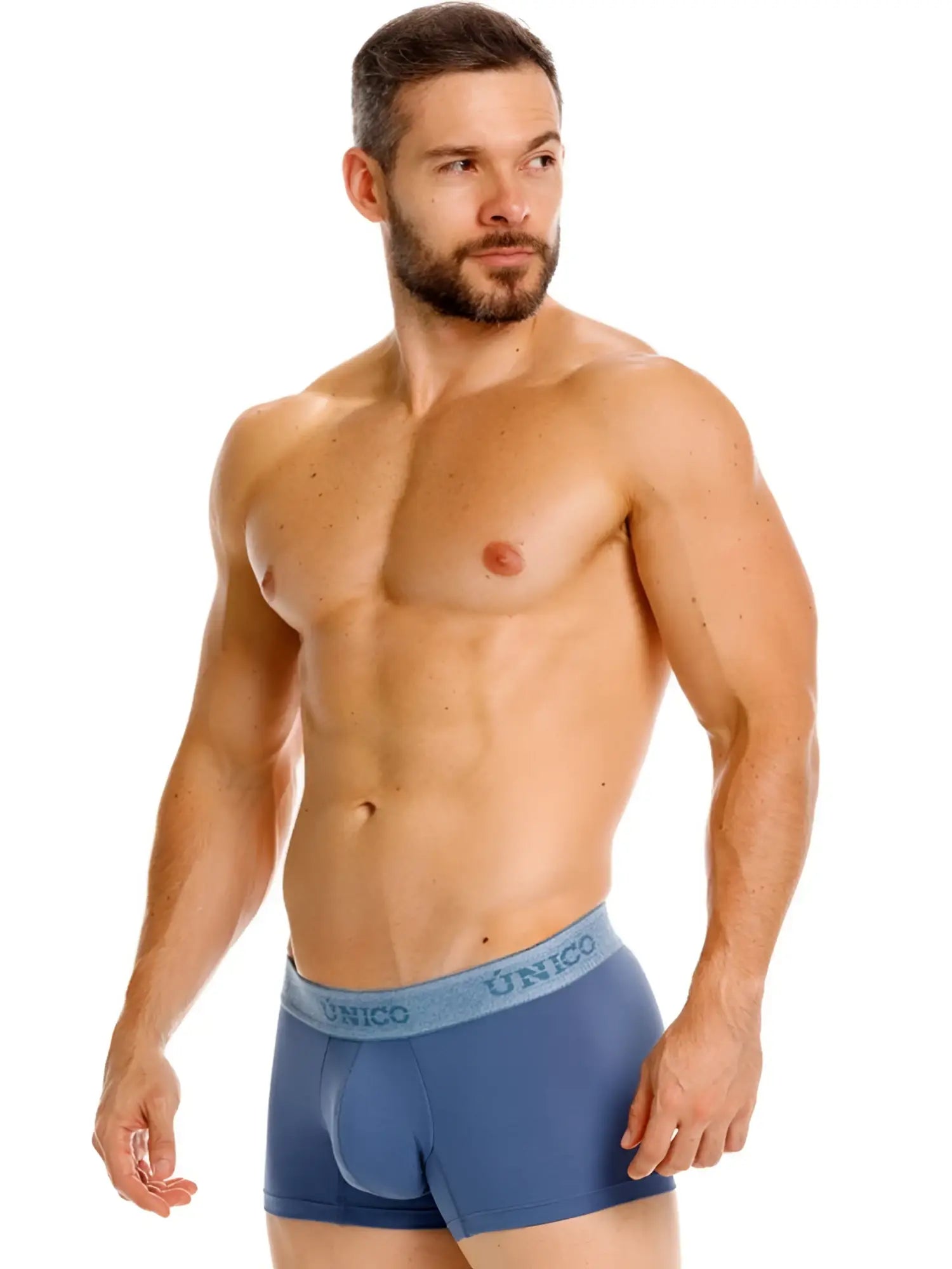 Blue unico boxer briefs with matching elastic waistband in teal color premium men’s everyday essential trunks