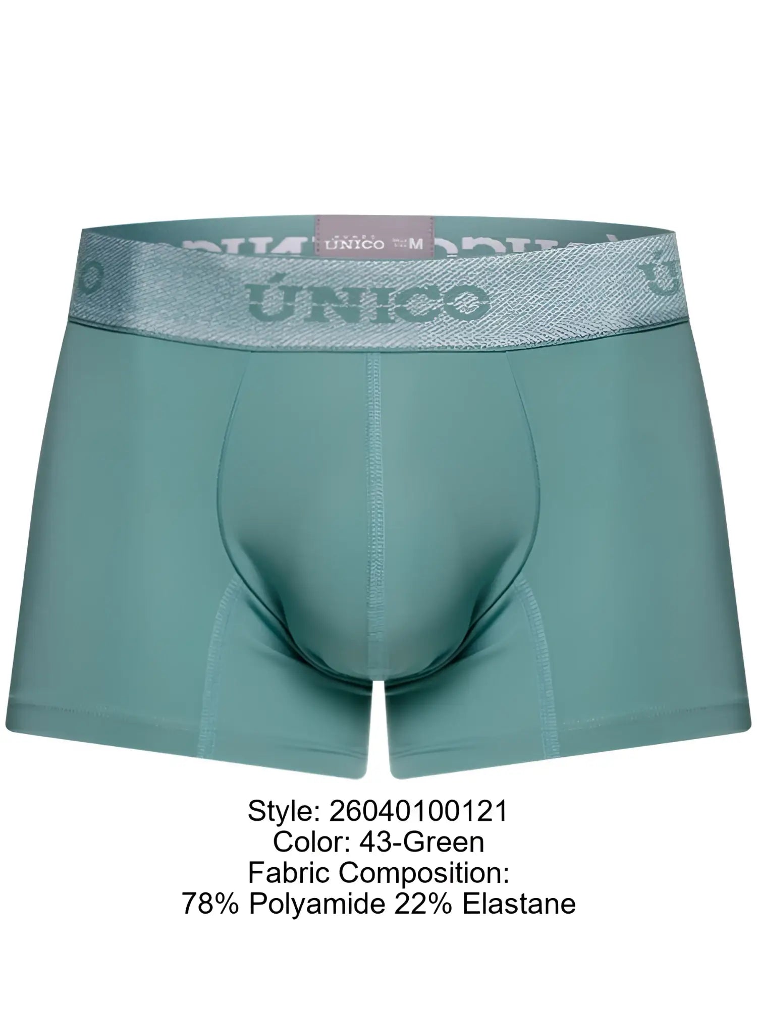 Teal men’s boxer briefs with silver glitter waistband featuring Unico brand logo from Unico 26040100121 Ceramic Trunks