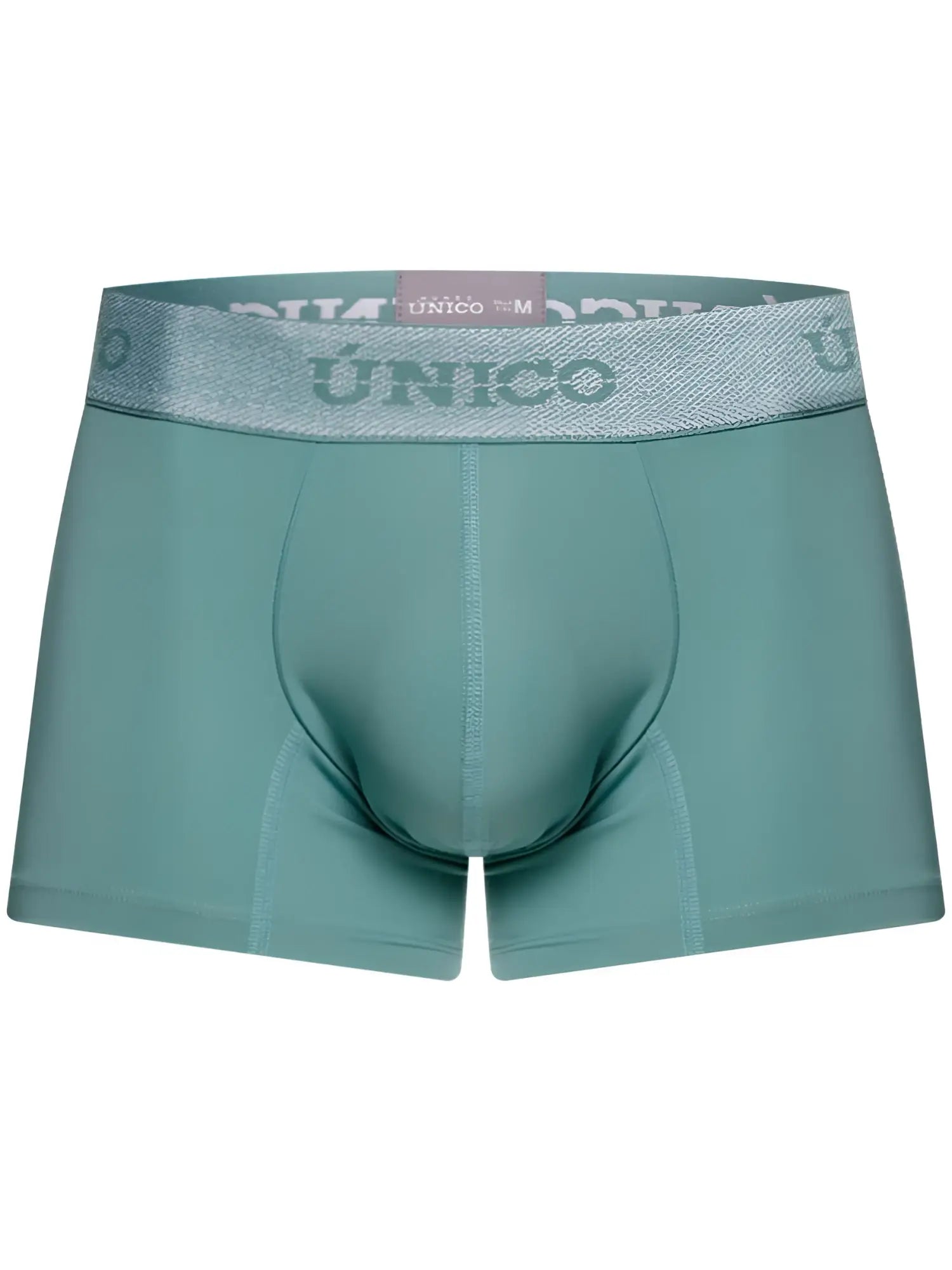 Teal mens briefs with a silver glittery waistband featuring the único brand logo ceramic trunks color 43 green