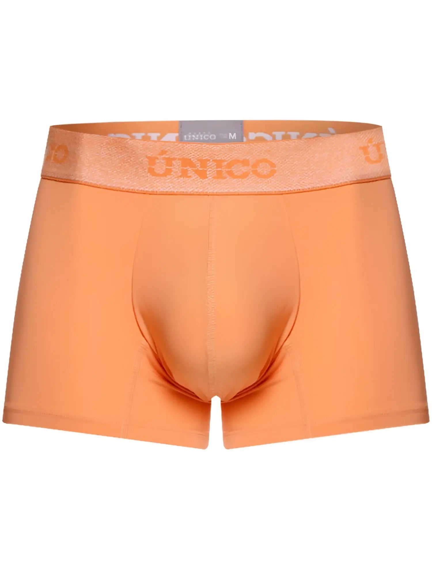 Orange Unico men’s boxer briefs with matching elastic waistband in apricot color offering premium support and style