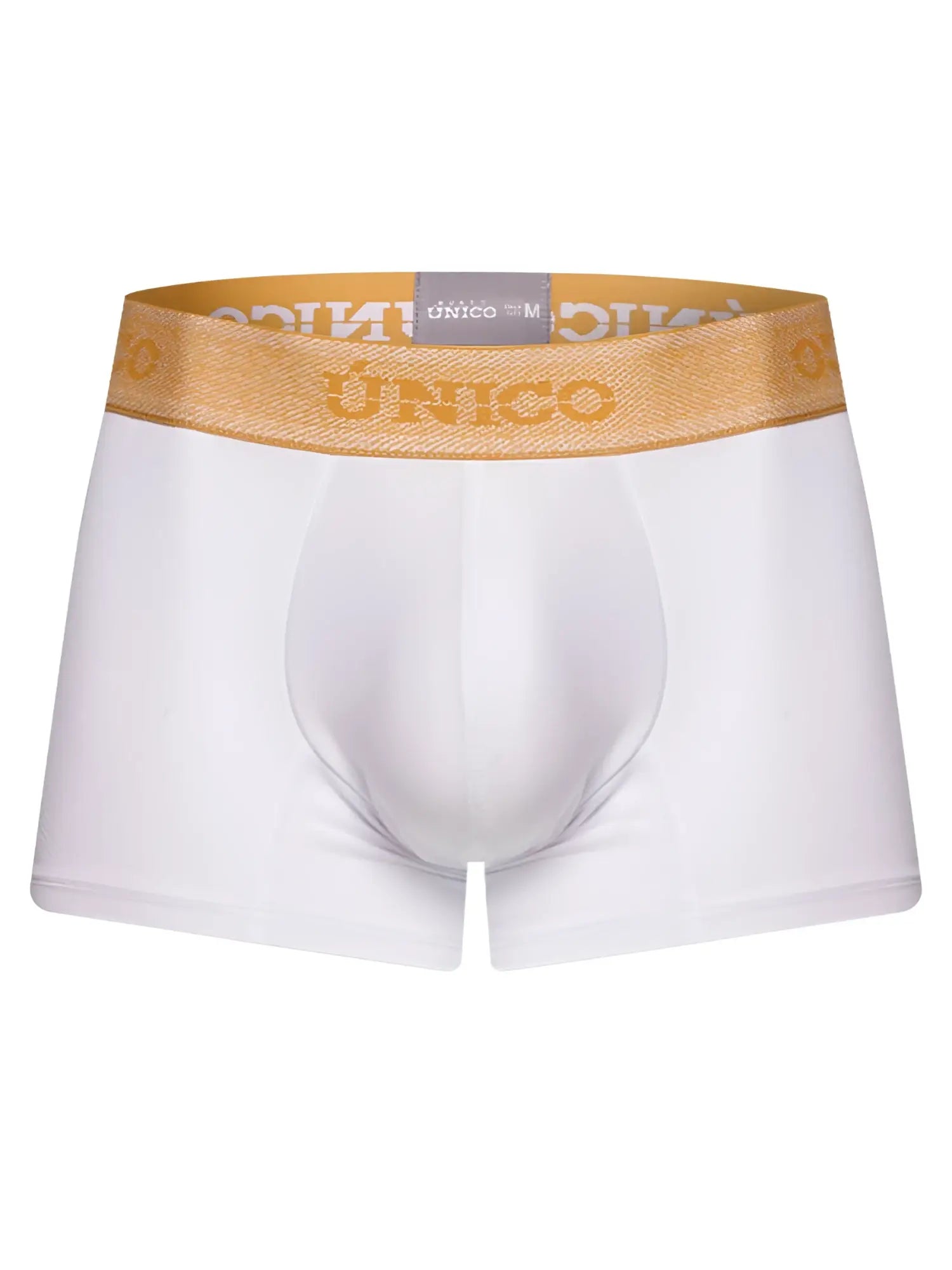 White boxer briefs with gold unico elastic waistband premium athletic fit lightweight breathable fabric