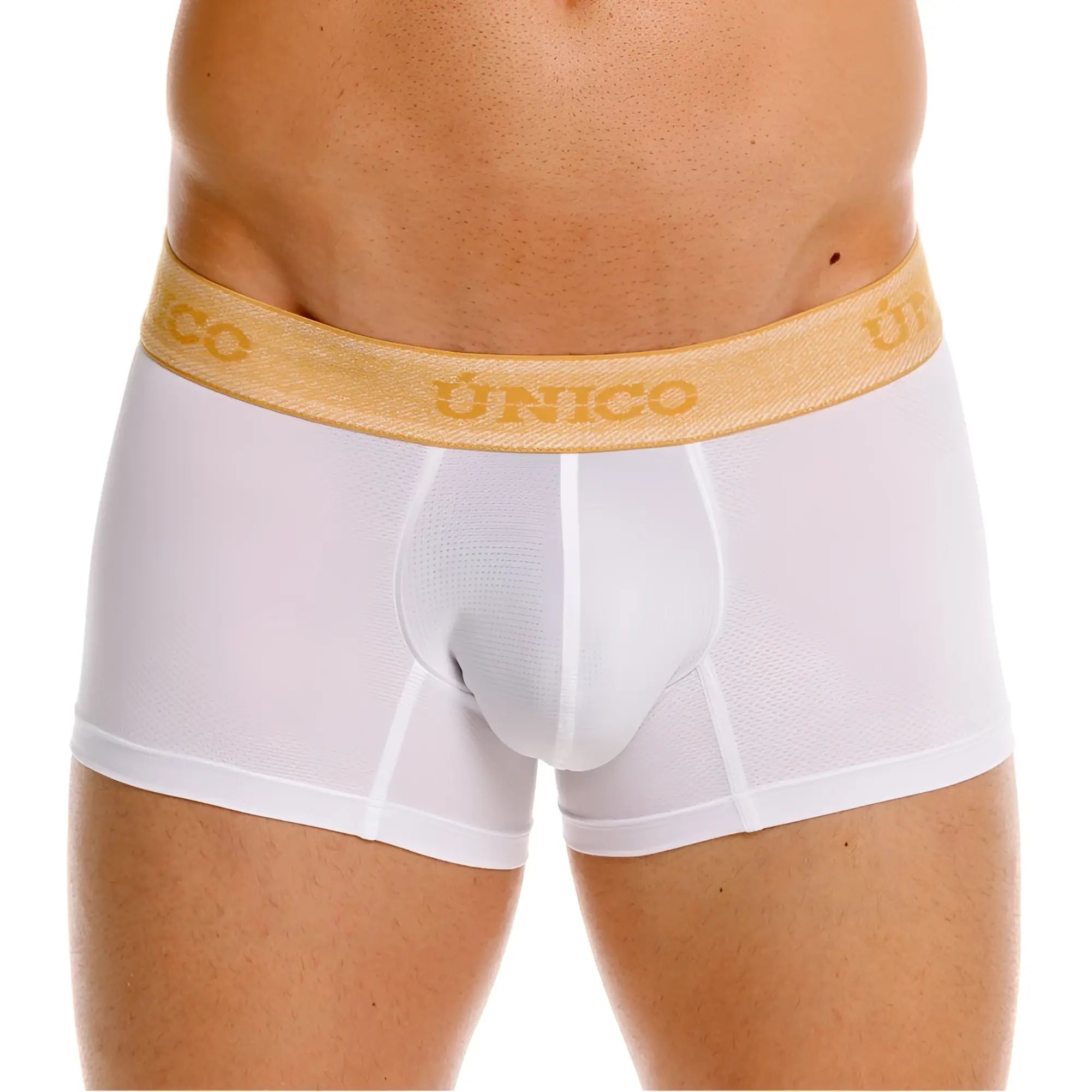 White unico boxer briefs with gold elastic waistband featuring brand name for premium athletic fit