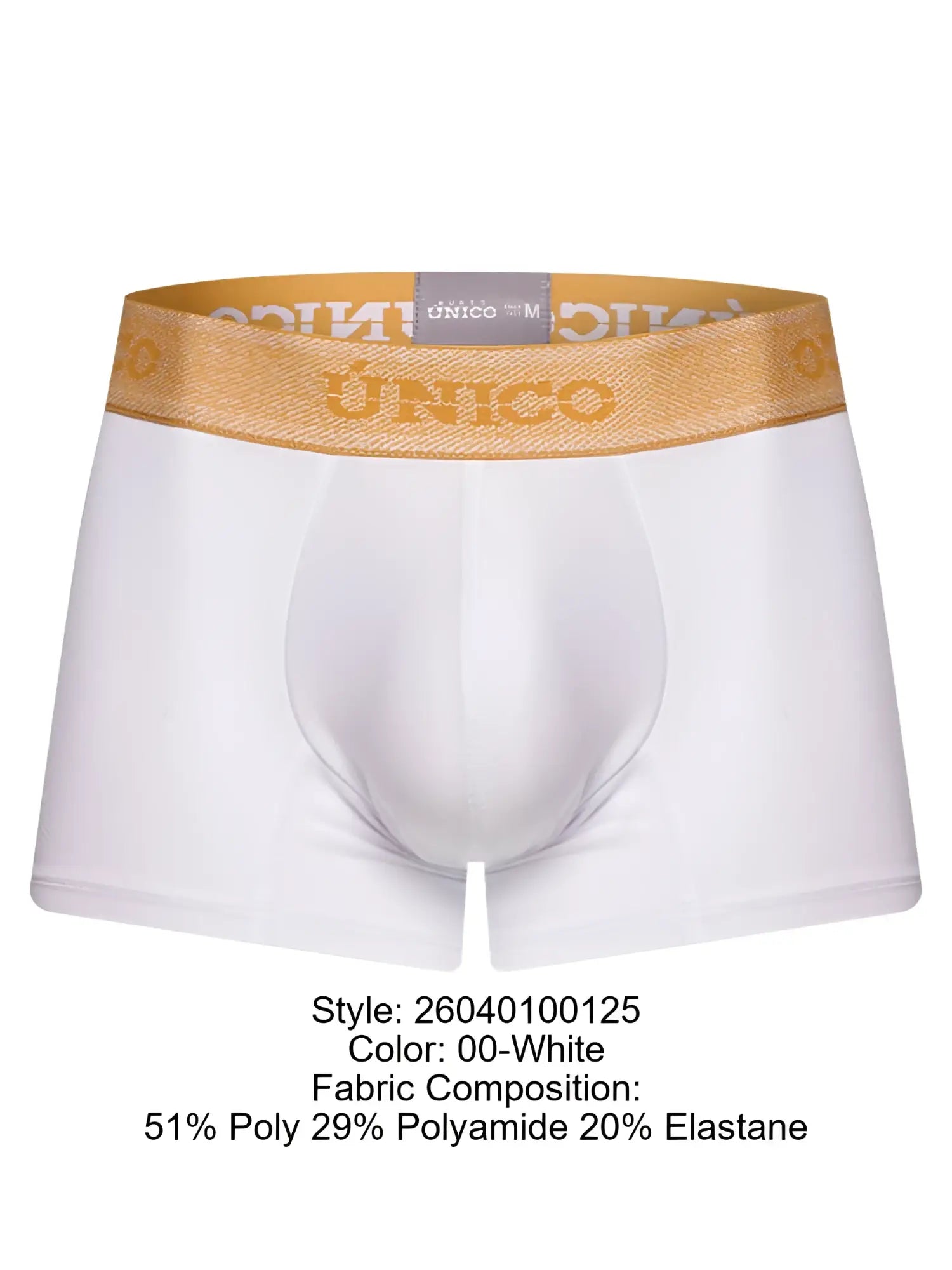 White unico men’s briefs with gold elastic waistband featuring brand name in matching lettering premium athletic fit