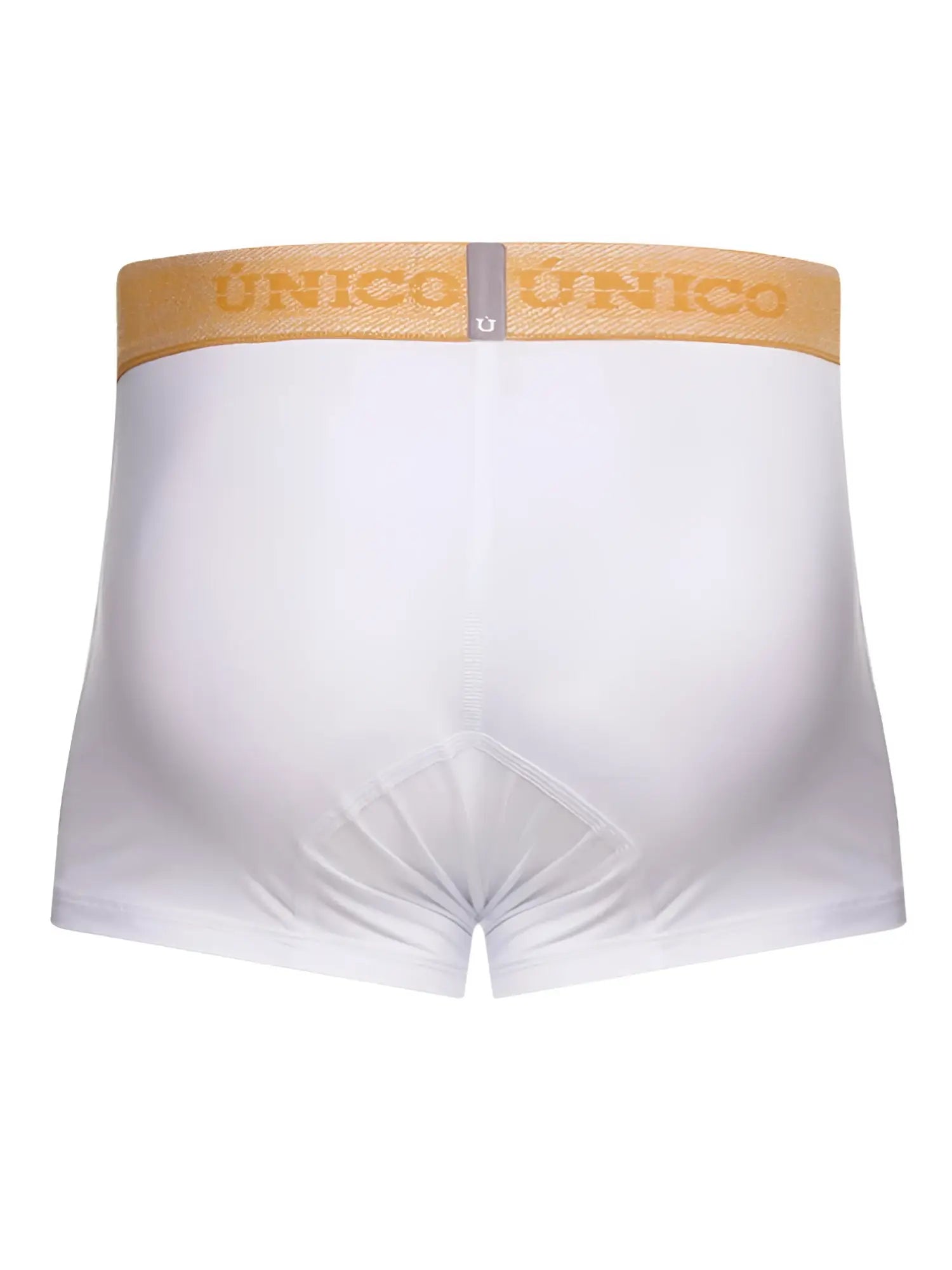 White único trunks with tan waistband and gold lettering premium athletic fit for active wear