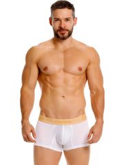 White Unico 26040100125 Amber trunks premium athletic fit briefs with tan elastic waistband and gold Unico lettering