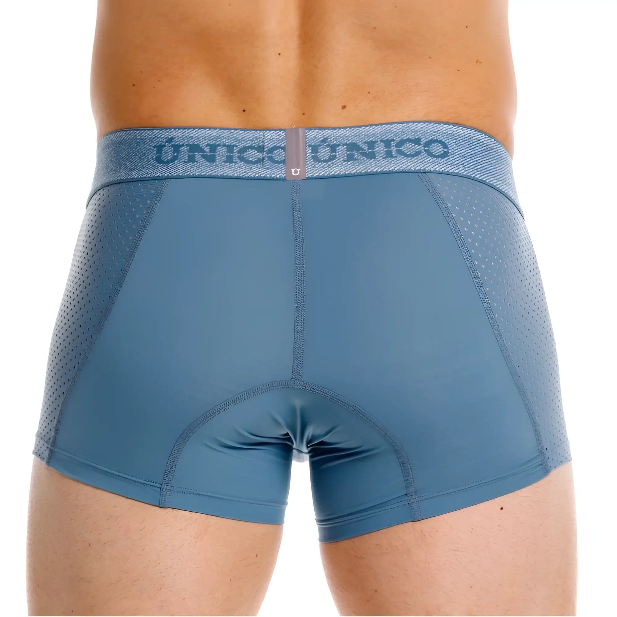 Blue unico classic trunks with mesh panel and brand logo waistband in color 46 blue premium athletic comfort