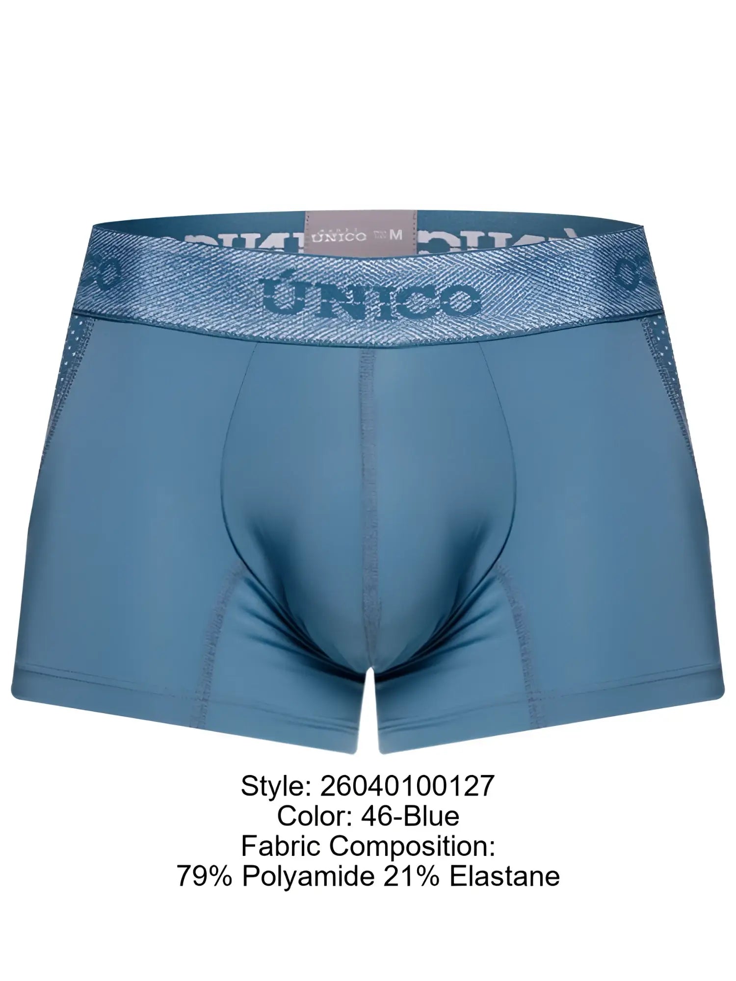 Unico 26040100127 classic trunks in blue feature light blue men’s boxer briefs with textured shimmer waistband and stretchy polyamide elastane blend