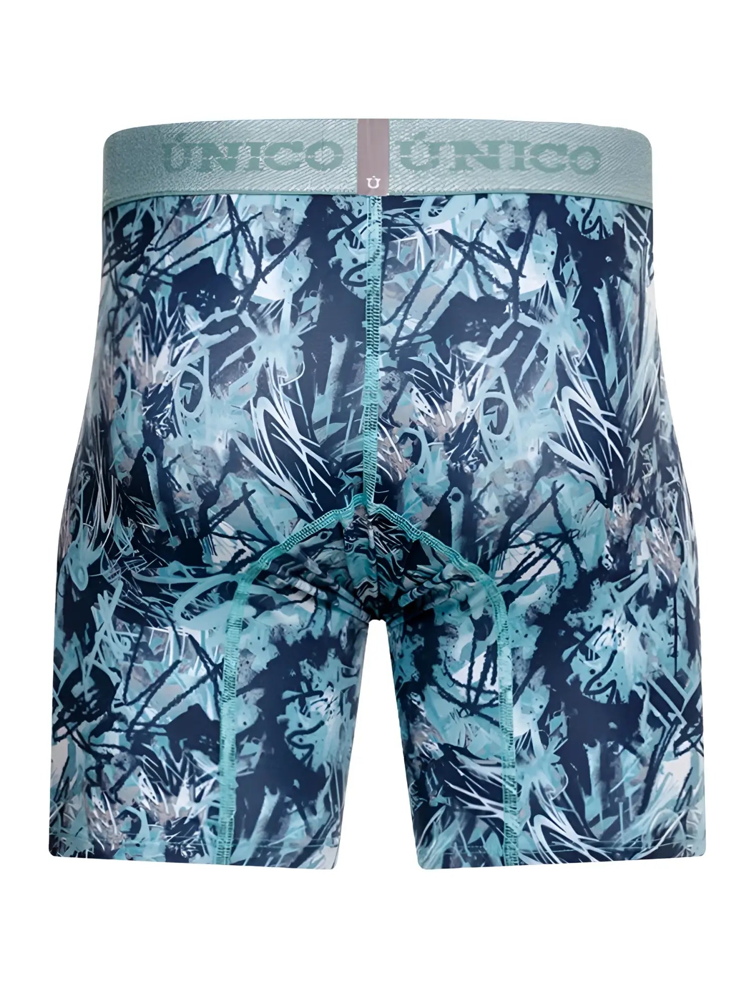 Unico 26040100212 men’s boxer briefs with vibrant teal navy blue white graffiti print on stretchy fabric with matching waistband