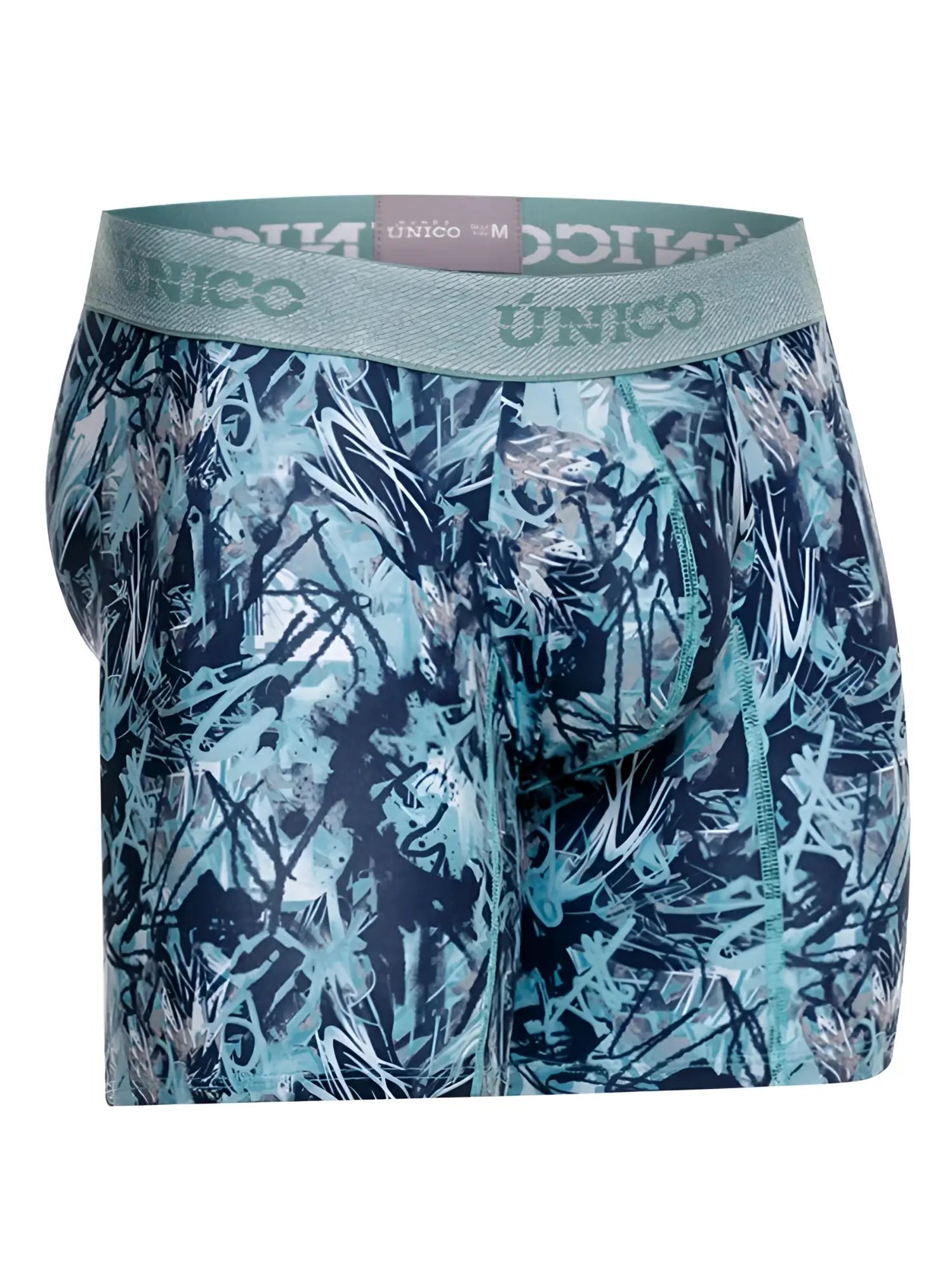 Teal and navy blue unico men’s boxer briefs with graffiti pattern and matching elastic waistband in color 43-Blue