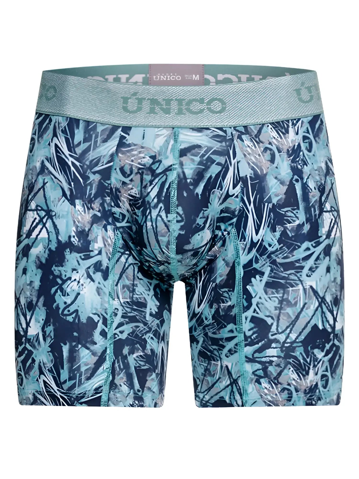 Unico 26040100212 men’s boxer briefs in teal and navy blue with graffiti pattern and matching elastic waistband