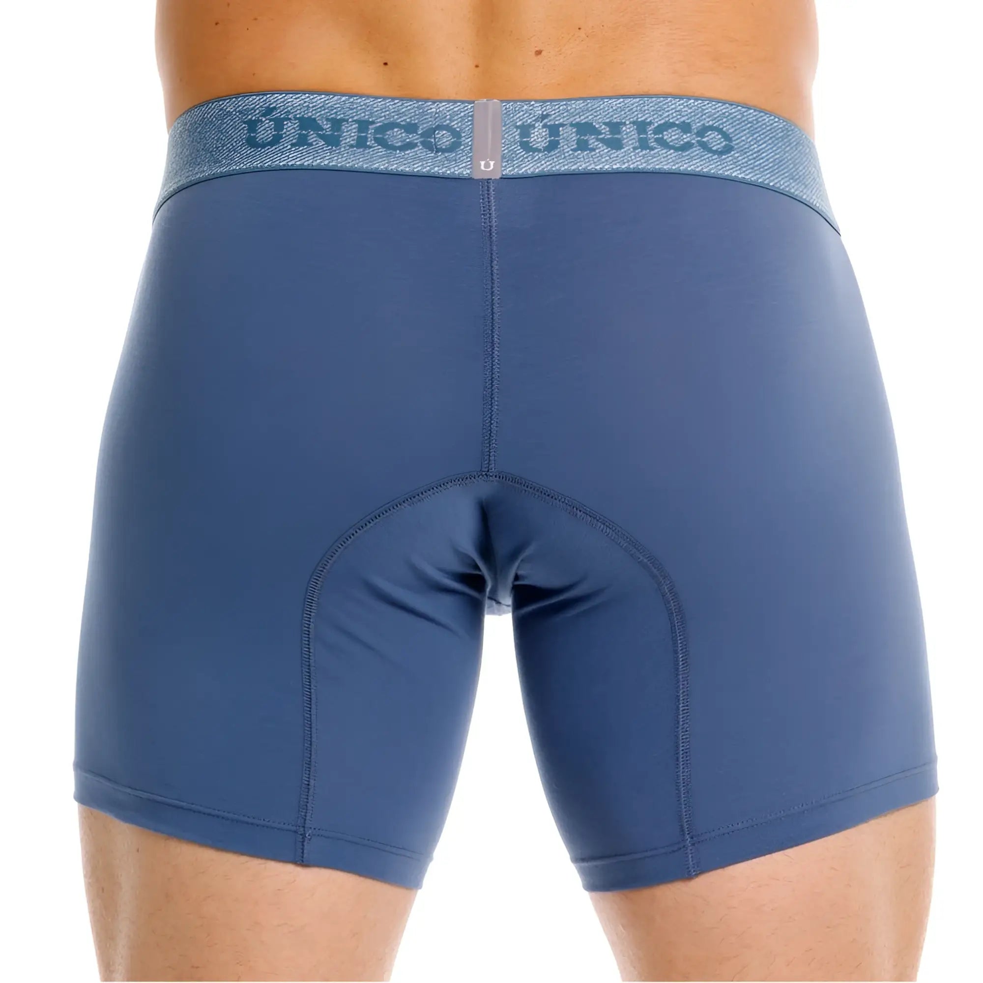 Blue unico men’s boxer briefs in teal with textured waistband featuring unico logo for premium comfort and style