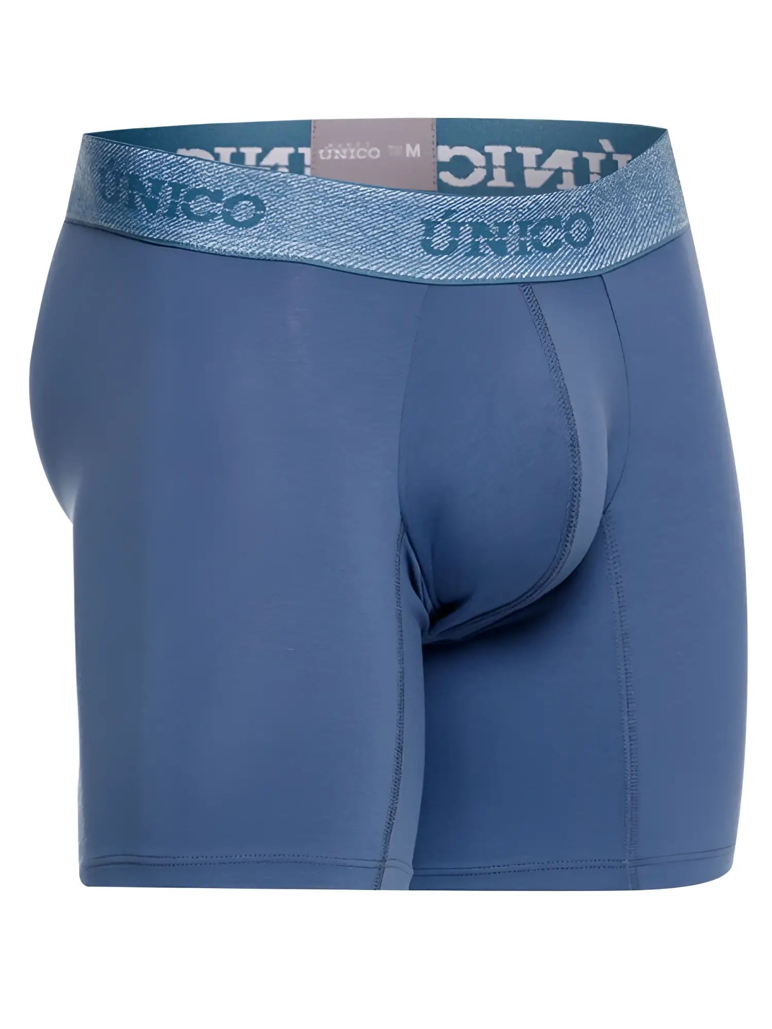 Blue unico men’s classic boxer briefs in teal with textured waistband and matching blue brand lettering for premium comfort