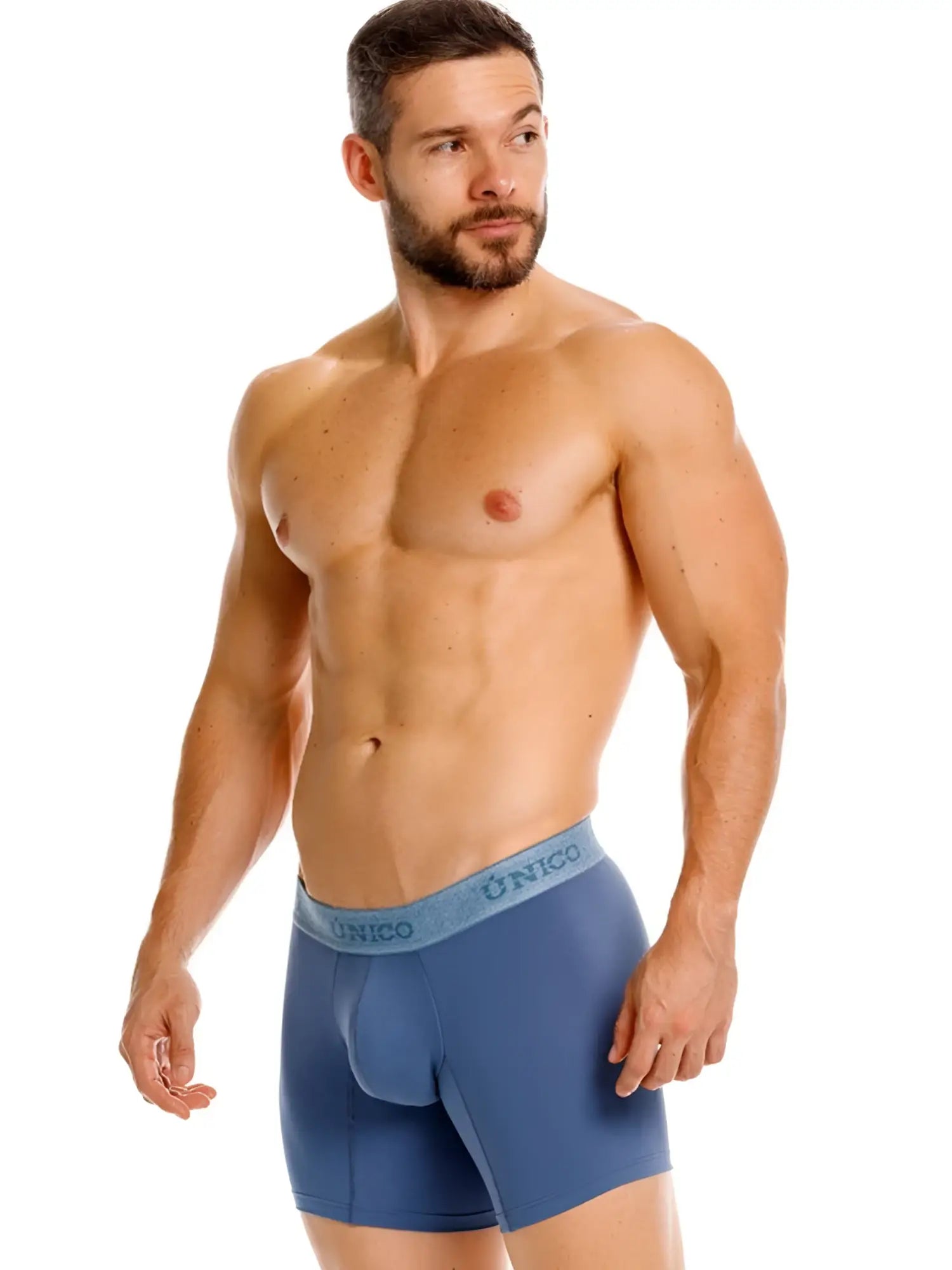 Blue unico mens boxer briefs in teal with matching elastic waistband for premium comfort and style