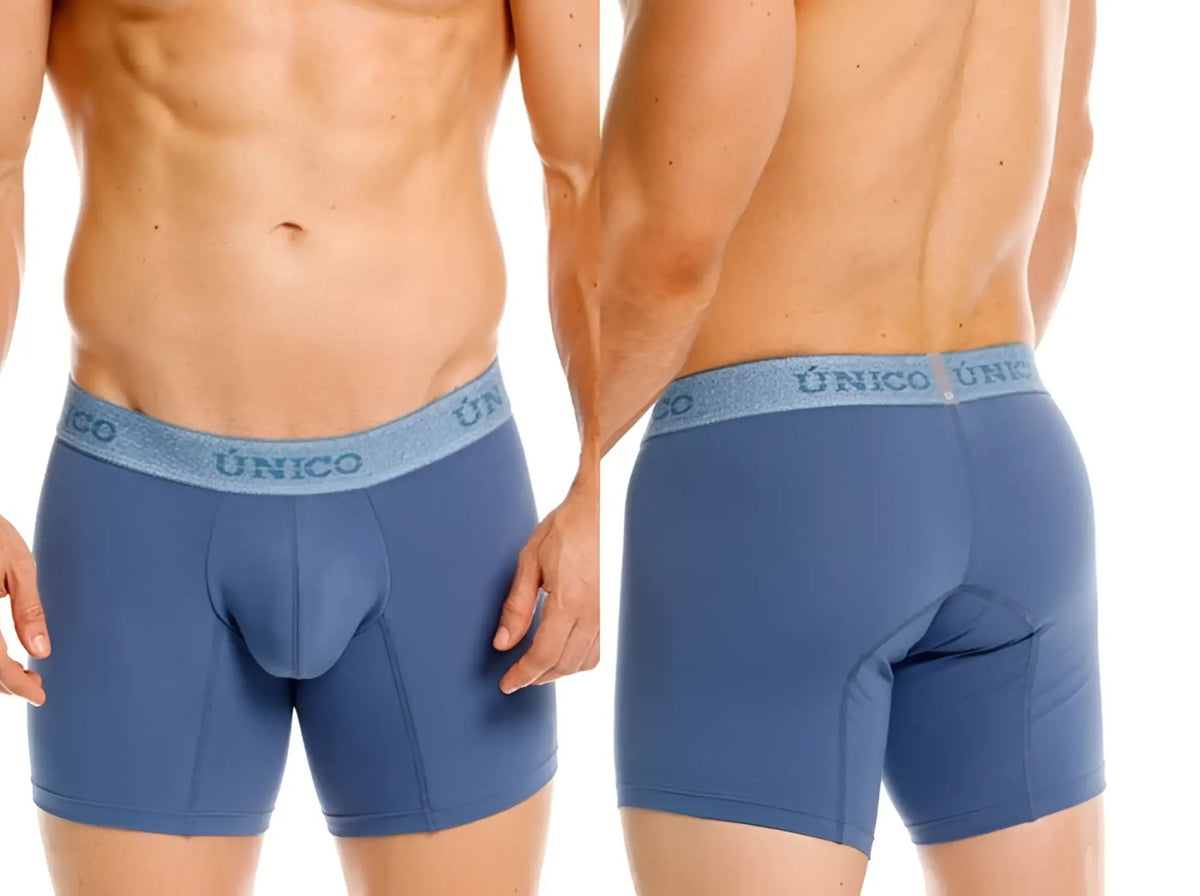 Blue unico boxer briefs with matching elastic waistband featuring light gray brand name for premium comfort and style