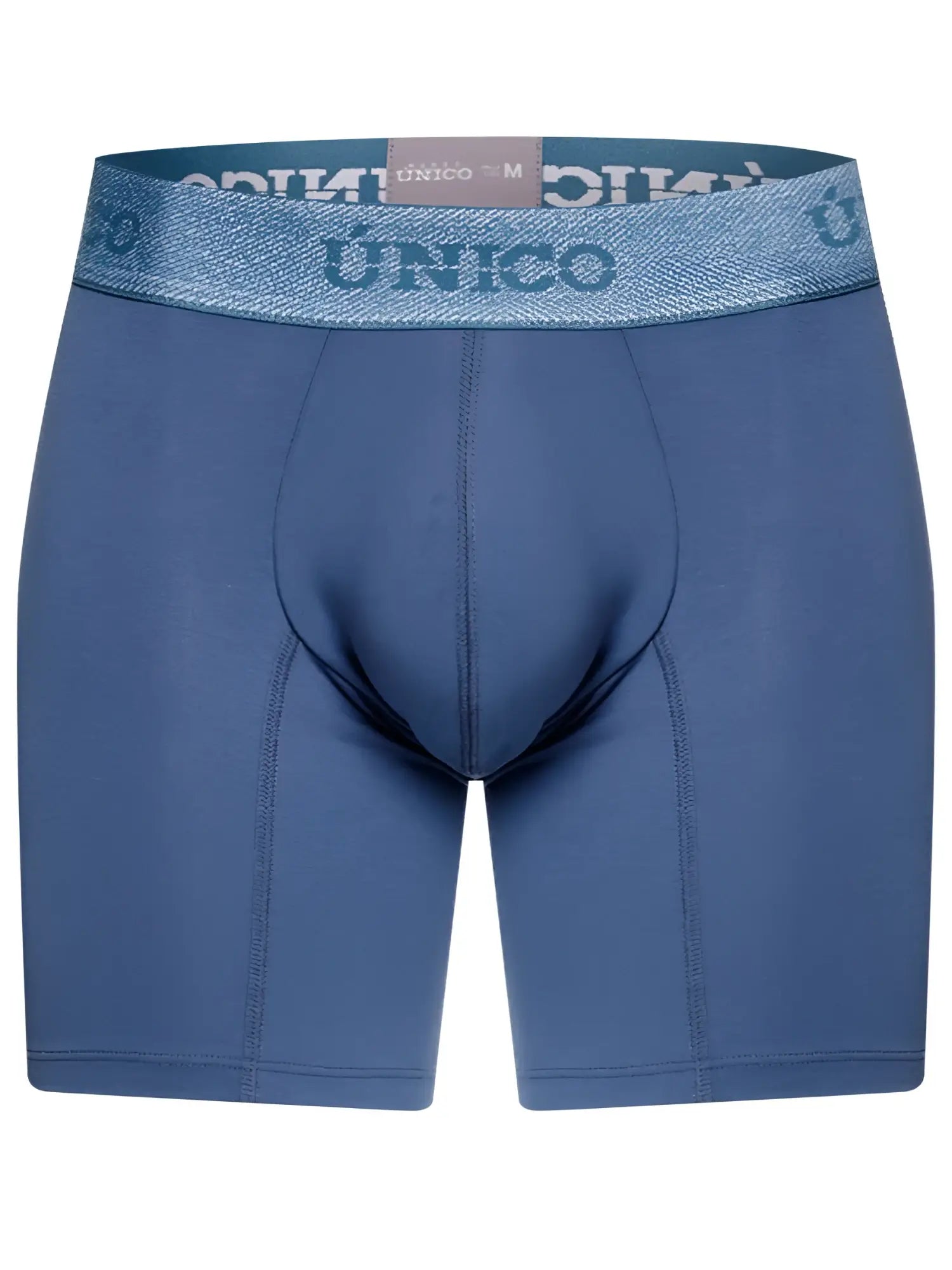 Blue unico men’s classic boxer briefs in teal with textured waistband and matching brand name for premium comfort