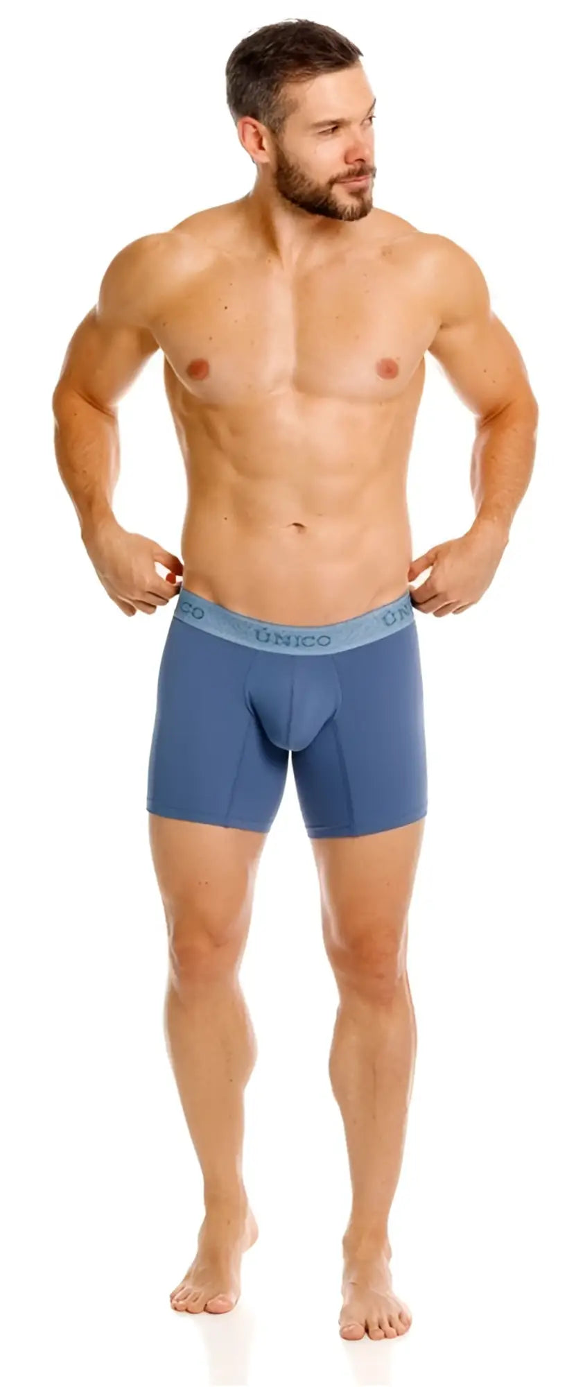 Blue unico classic boxer briefs with light blue waistband featuring brand name in premium comfort teal color