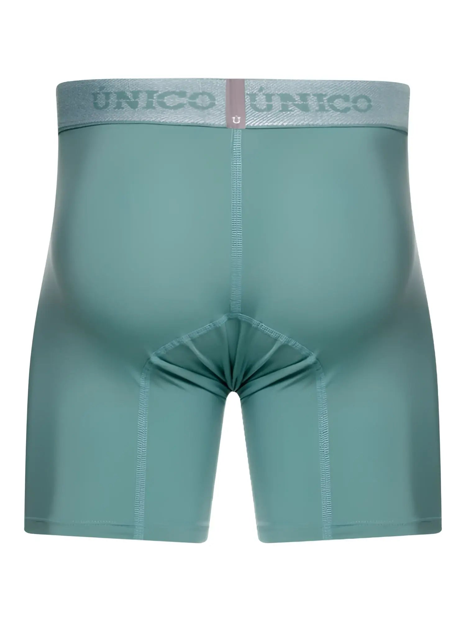 Teal unico ceramic boxer briefs with matching elastic waistband featuring unico logo in gray lettering color 43 green