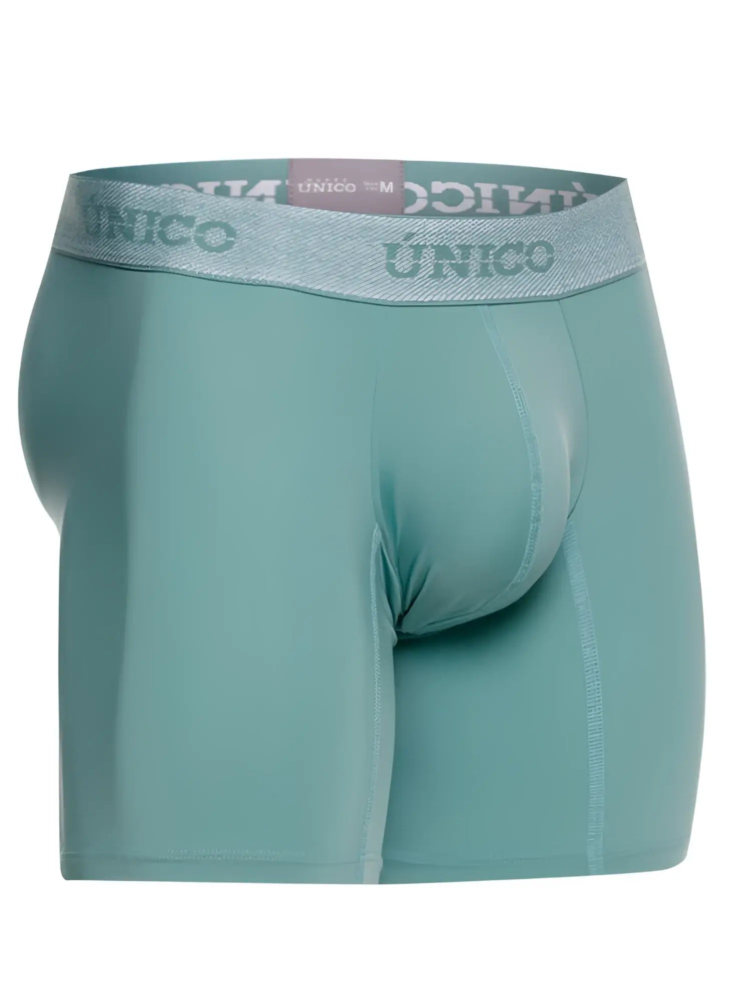 Teal unico ceramic boxer briefs with gray elastic waistband featuring brand name in repeating lettering for men