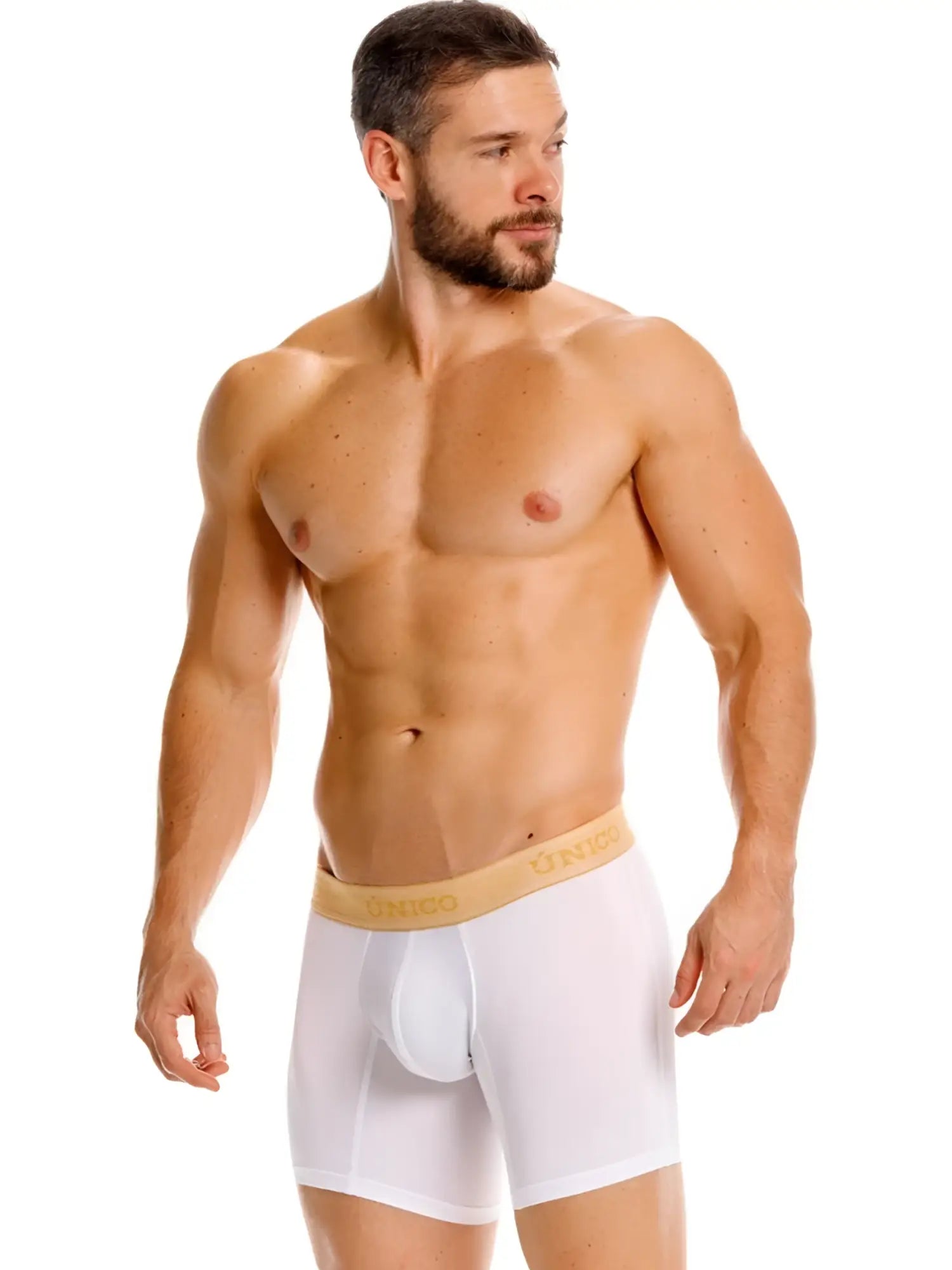 White men’s briefs with a gold amber waistband featuring onco logo premium comfort unico 26040100225 color white