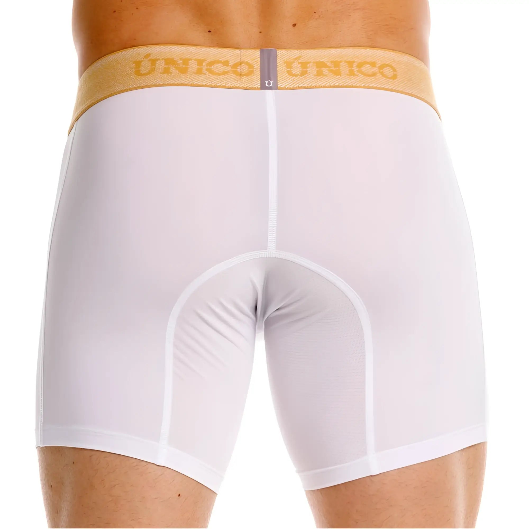 White unico boxer briefs with a gold waistband and matching brand lettering offering premium comfort