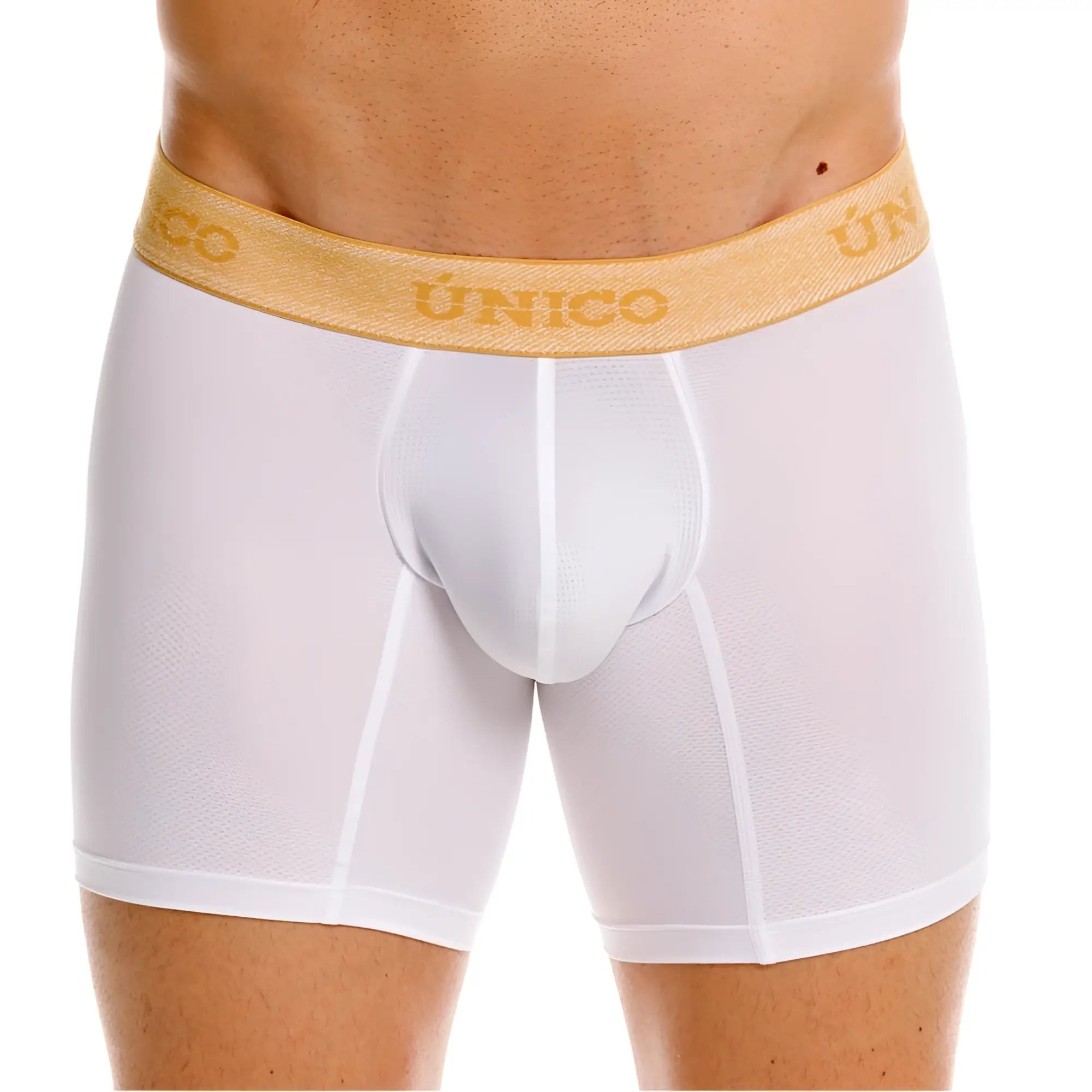 White unico boxer briefs with a gold elastic waistband featuring brand name in gold lettering for premium comfort