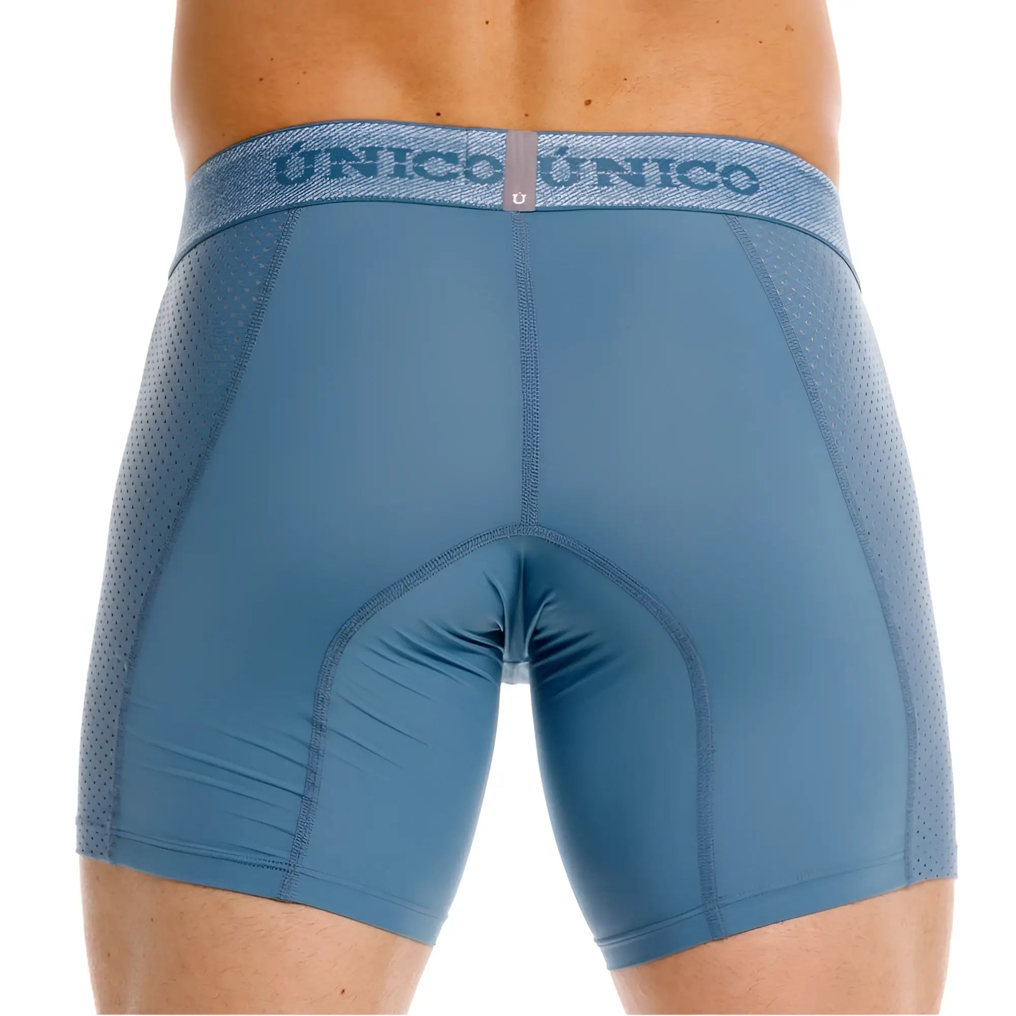 Blue unico men’s athletic briefs with mesh side panels and branded waistband for premium comfort and fit