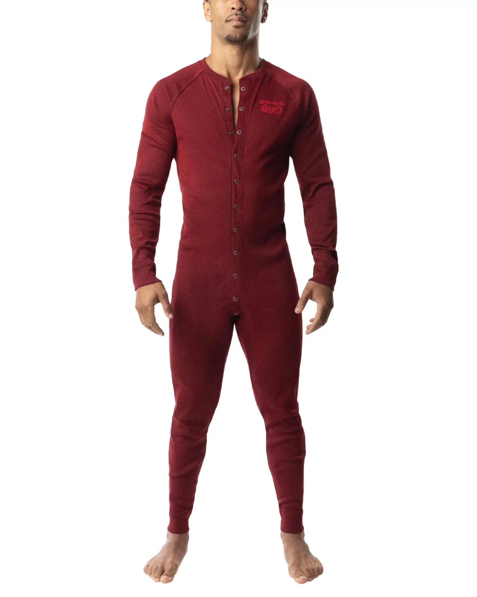 Maroon long-sleeved one-piece thermal union suit 2.0 with button-front and embroidered logo on chest