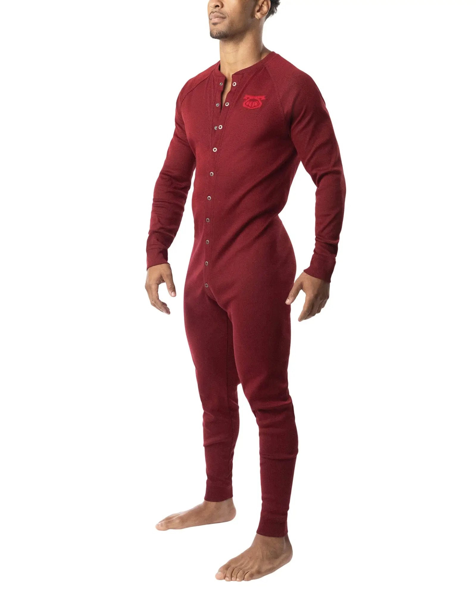 Maroon long-sleeved one-piece thermal union suit 2.0 with button-down front and chest embroidered logo