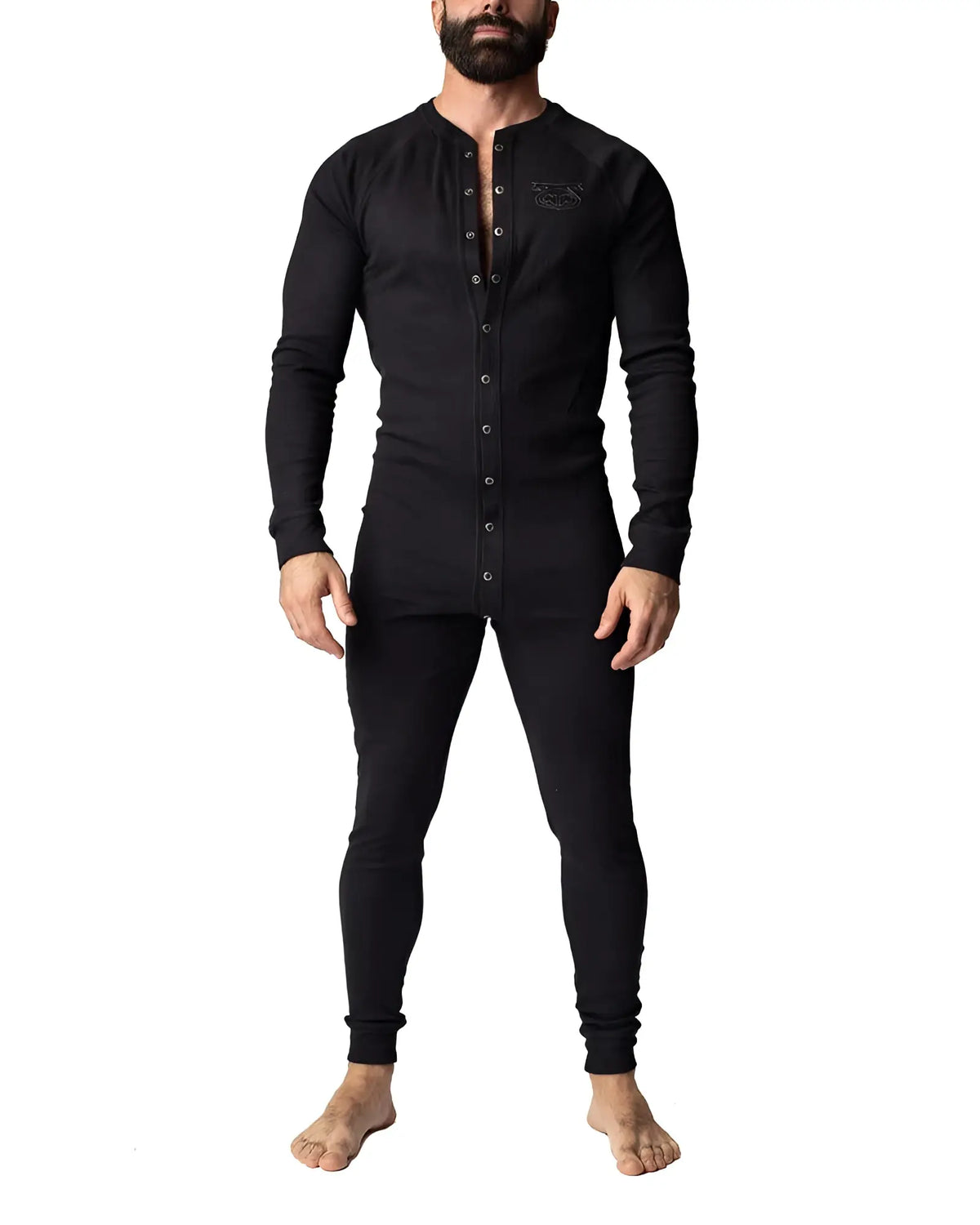 Black long-sleeved henley-style thermal union suit with button-front and subtle chest embroidery