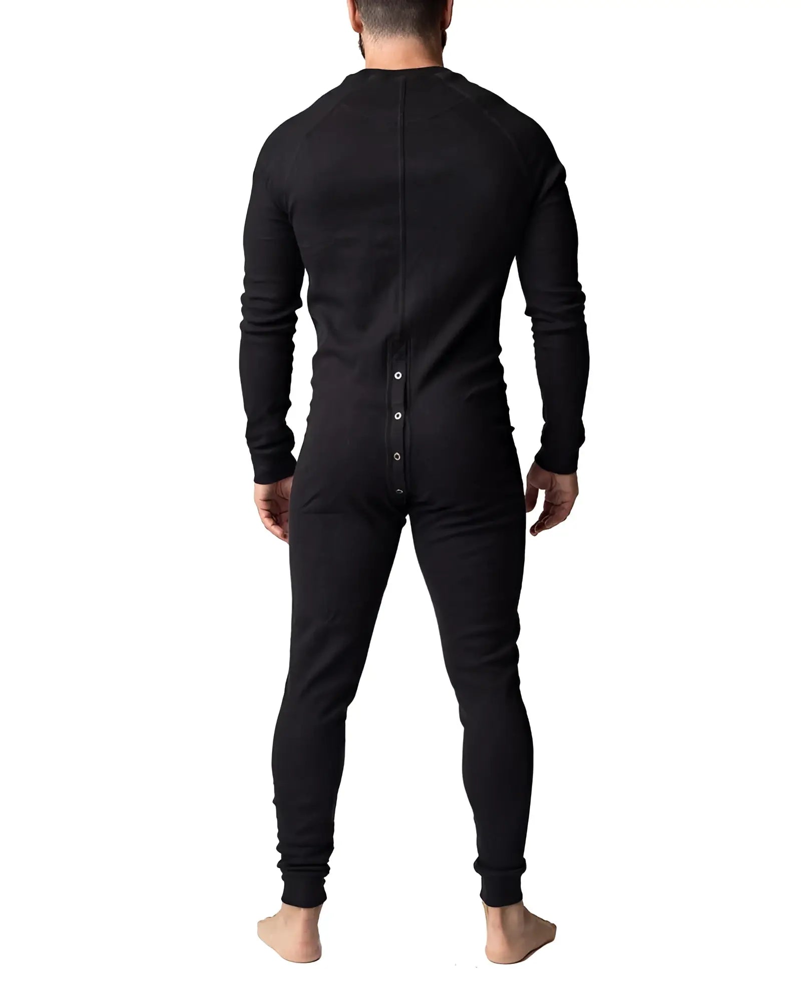 Back view of a black long-sleeved one-piece thermal union suit with a button-down back for warmth and comfort