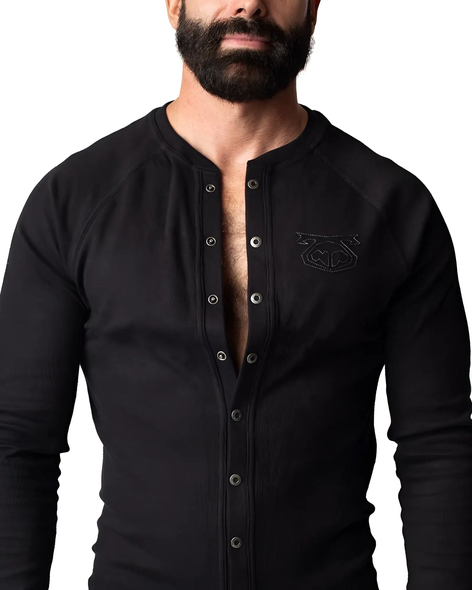 Black ribbed long sleeve henley shirt union suit with silver buttons and subtle embroidered logo on chest