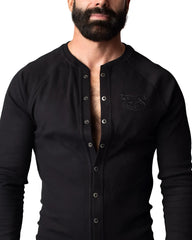 Black ribbed long sleeve henley shirt union suit with silver buttons and subtle embroidered logo on chest