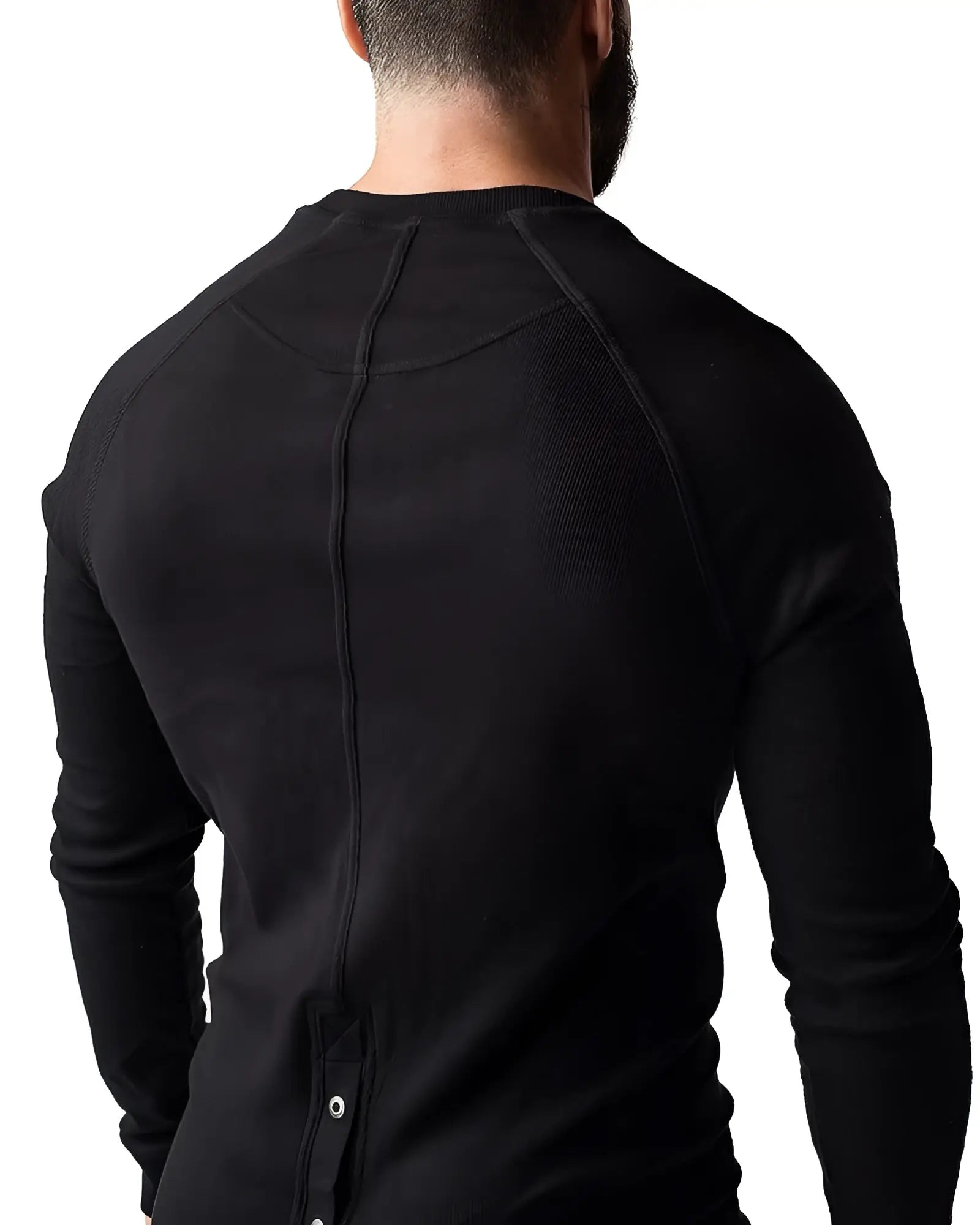Black ribbed long-sleeve thermal shirt union suit with crew neck and button detail shown from the back