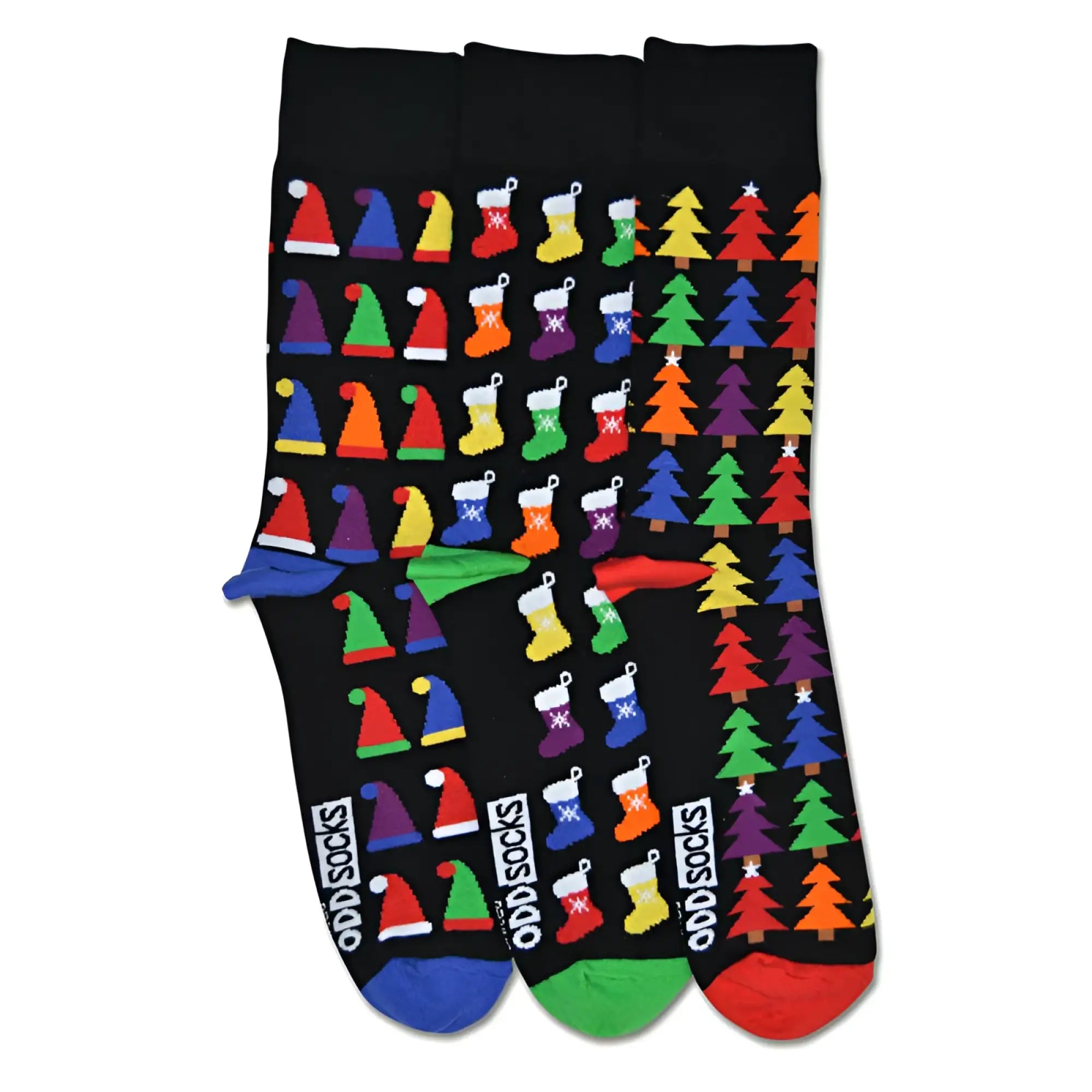 Black christmas socks by united oddsocks featuring colorful santa hats stockings and trees with multicolored toe caps size 7-12