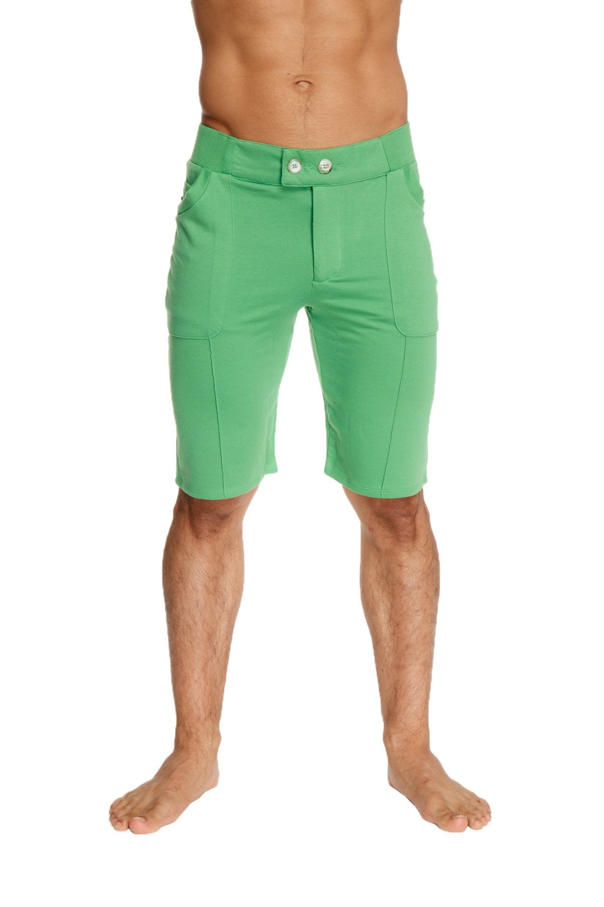 Urban tactical at home dress shorts in bamboo green featuring sleek fit and two-button closure at the waist