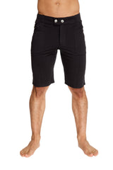 Urban tactical at home dress shorts in black with sleek modern design and silver toned button closures at the waist