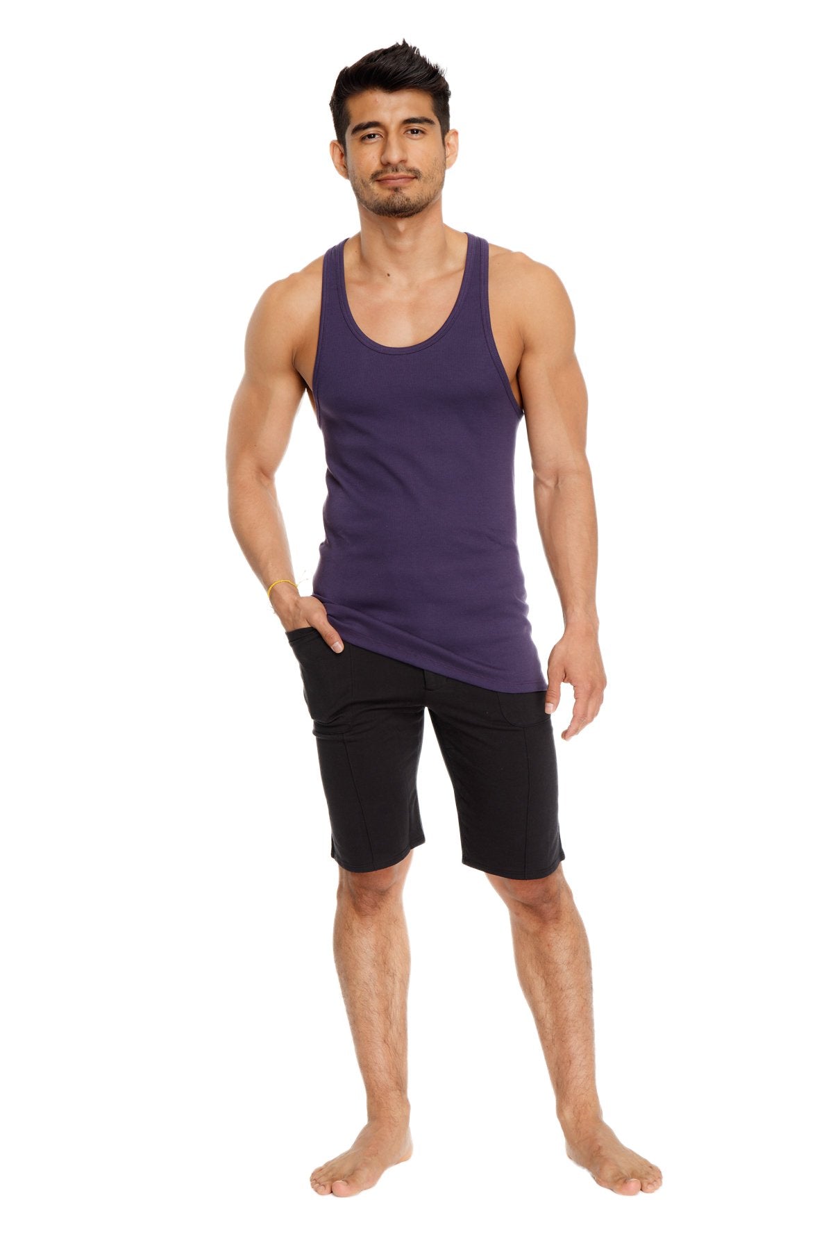 Purple sleeveless tank top paired with urban tactical black at home dress shorts for casual active wear