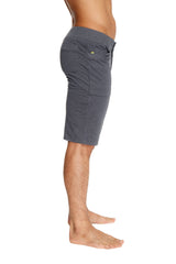 Gray heathered charcoal urban tactical at home dress shorts with drawstring waist side pockets and small green logo