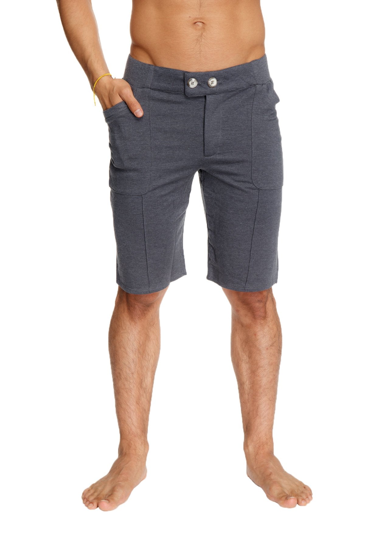 Urban tactical at home dress shorts charcoal dark gray textured fabric with two front pockets and silver waistband buttons